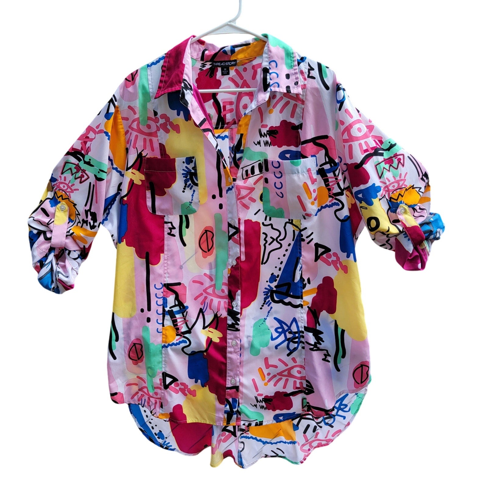 Thread Story Retro 80's Print Full Button Up Blouse - Size 3X