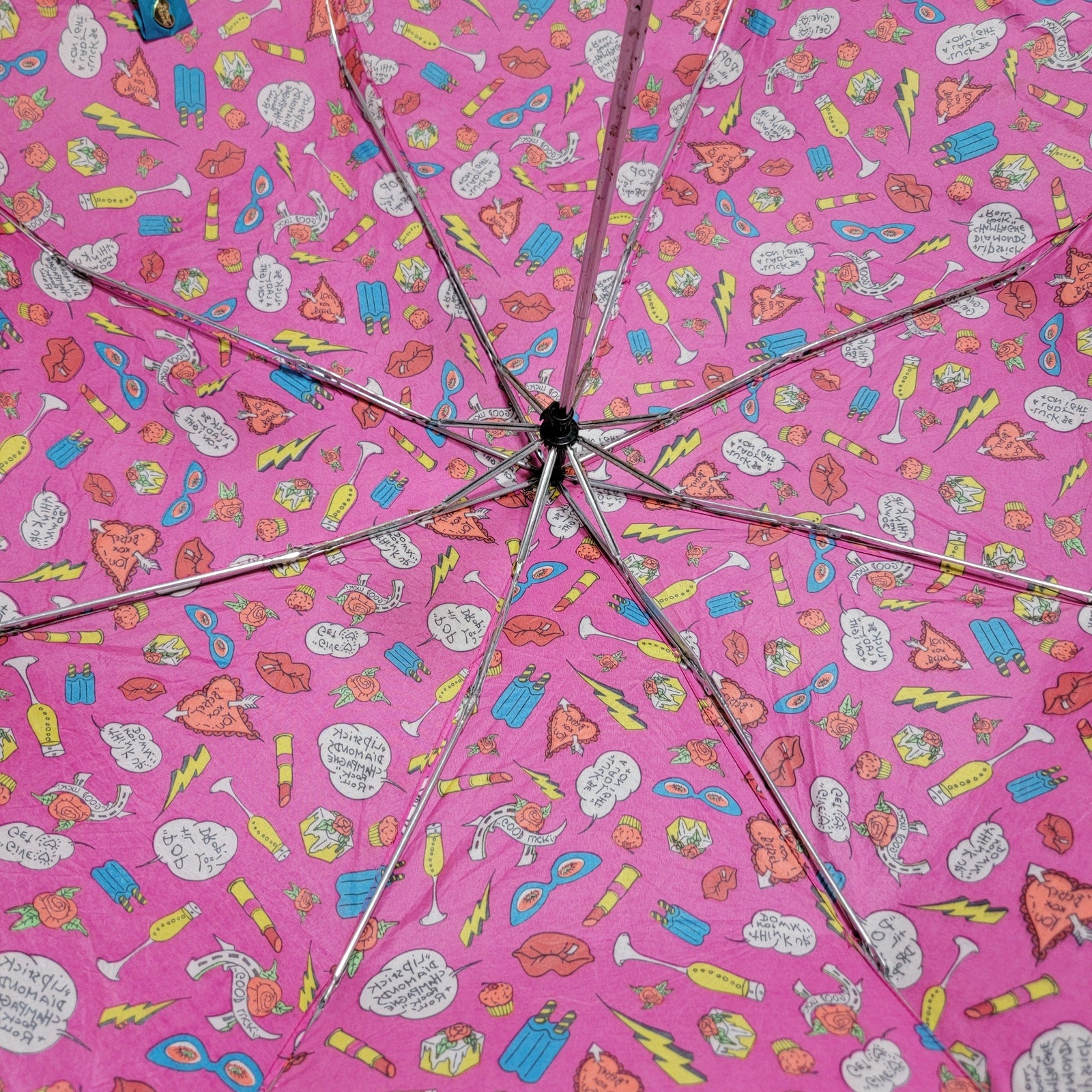 Betsy Johnson 42" Pink & Blue Umbrella "Lipstick Diamonds Champagne Rock & Roll"