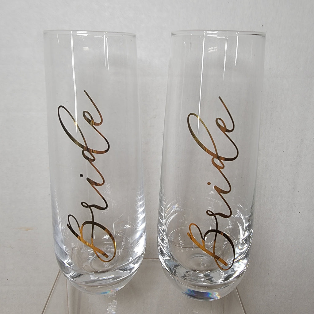 Unbranded Stemless Bride & Bride Champagne Flutes in Gold Script w/ Box - NEW