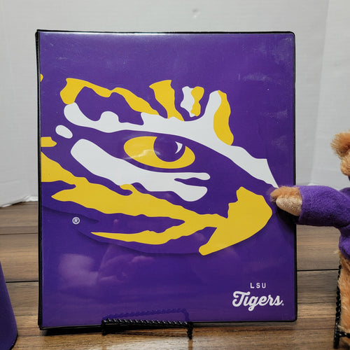4Pc LSU Tigers Fan Pack: Binder, Plush, Tumbler & Tall Koozie