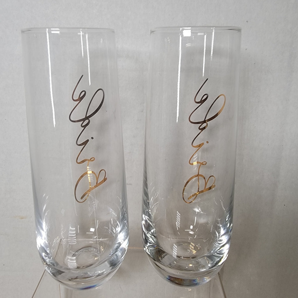 Unbranded Stemless Bride & Bride Champagne Flutes in Gold Script w/ Box - NEW