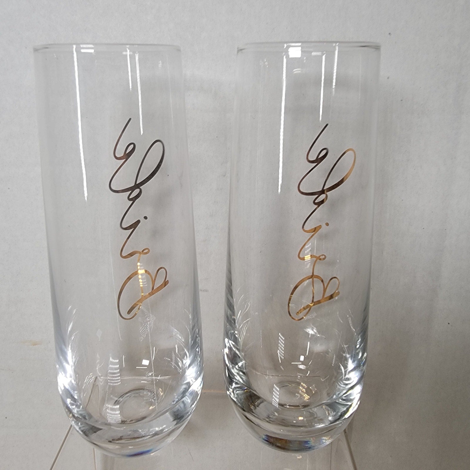 Unbranded Stemless Bride & Bride Champagne Flutes in Gold Script w/ Box - NEW