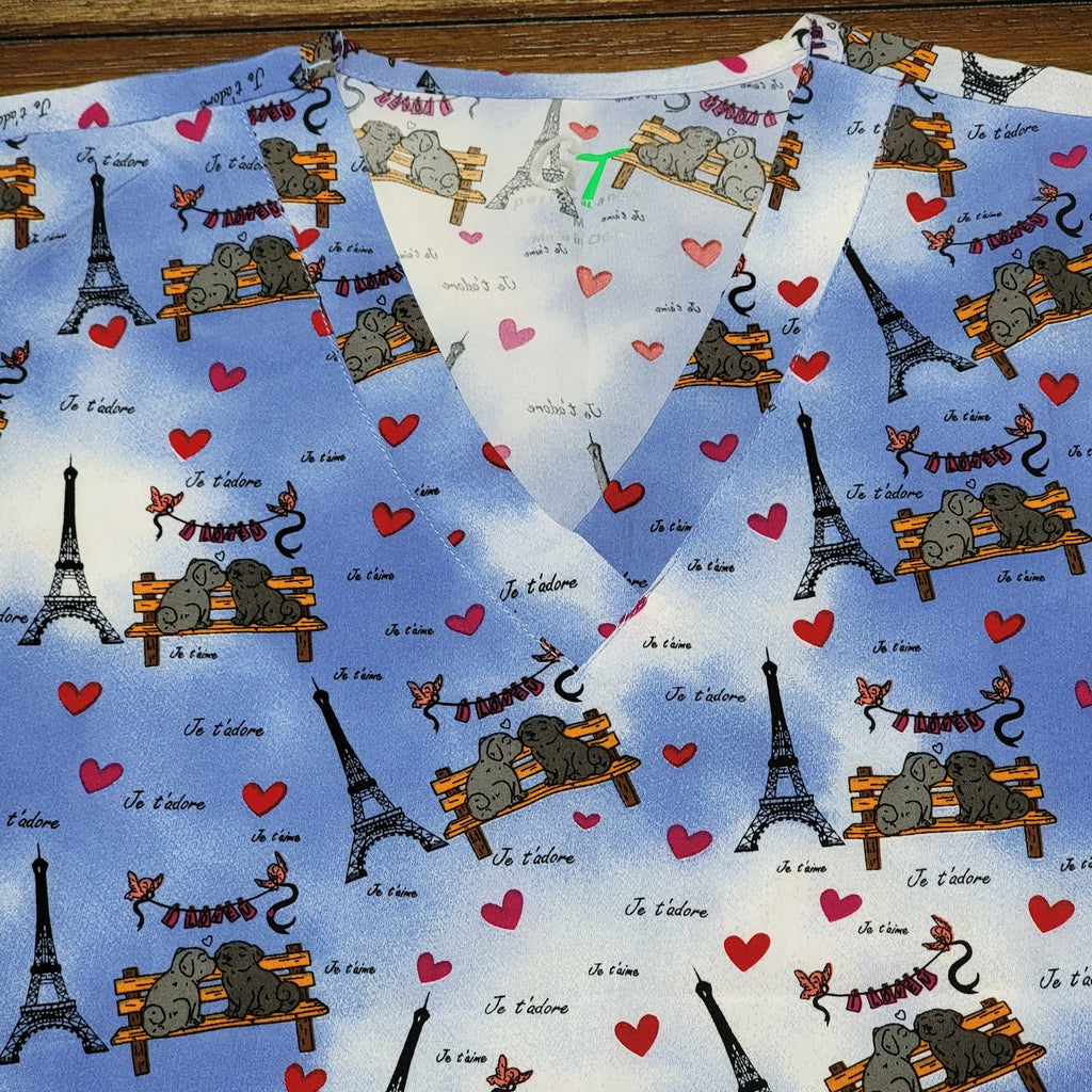 GT Performance Blue & White Paris Themed Scrub Top Love Dogs - Size Medium