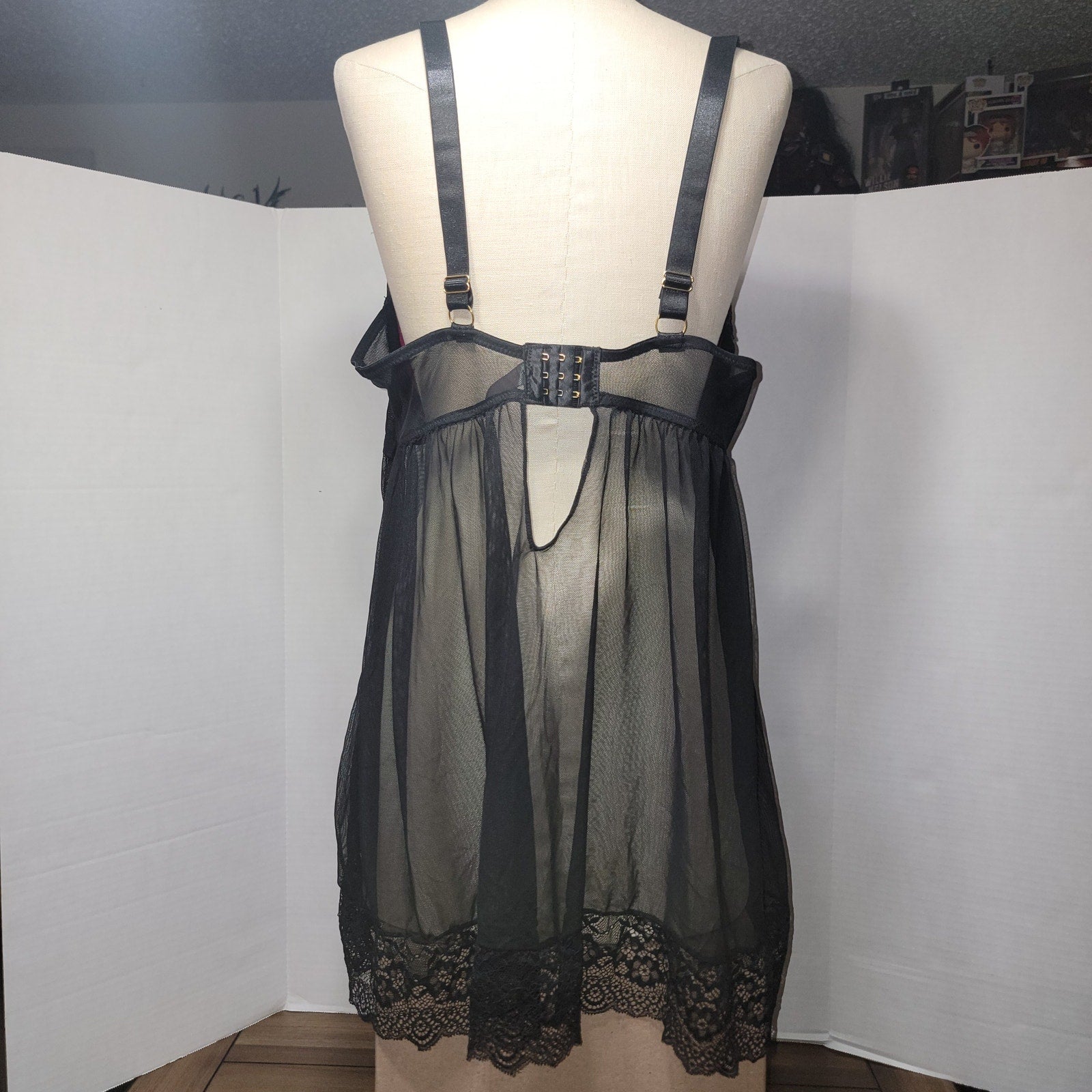 Daisy Fuentes Pink & Black Lace Sheer Babydoll Lingerie - Size 2X