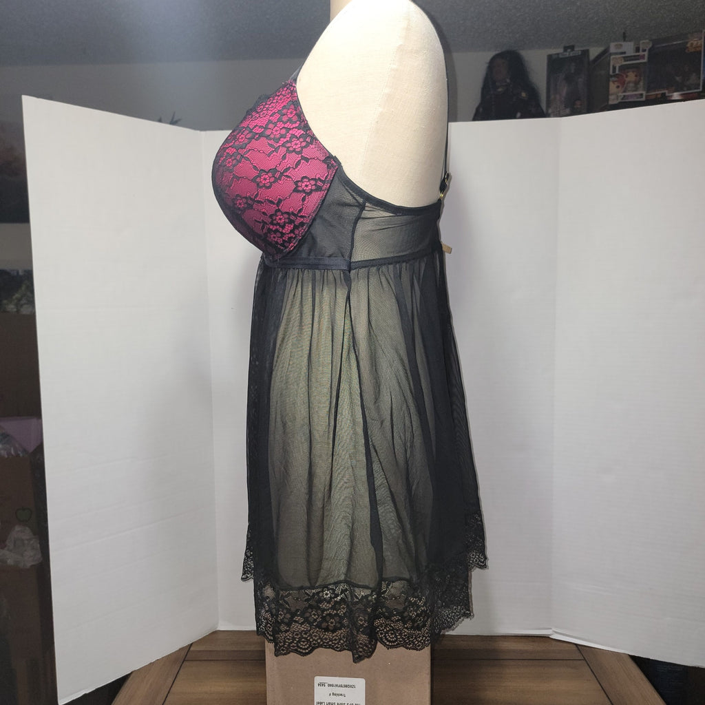Daisy Fuentes Pink & Black Lace Sheer Babydoll Lingerie - Size 2X