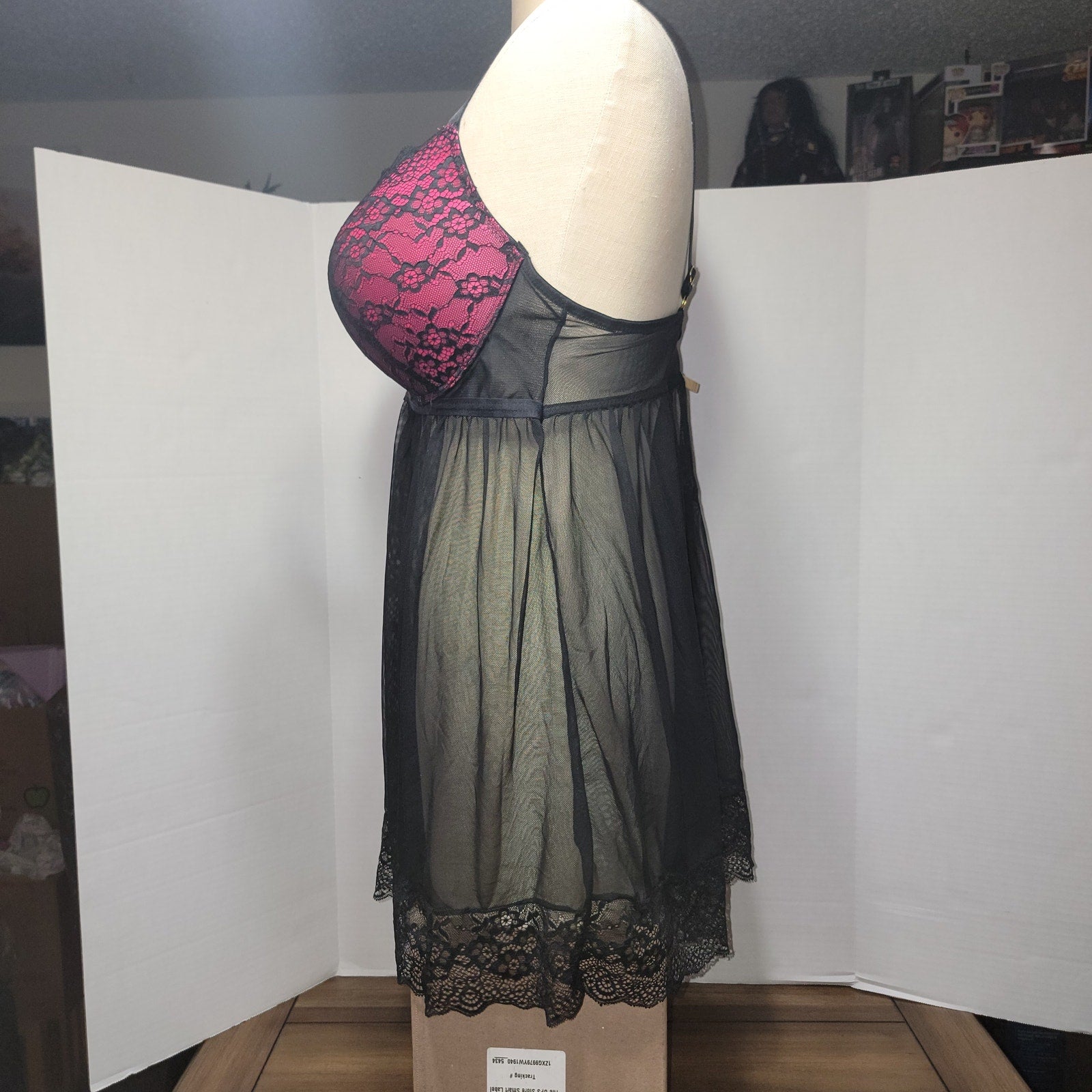 Daisy Fuentes Pink & Black Lace Sheer Babydoll Lingerie - Size 2X