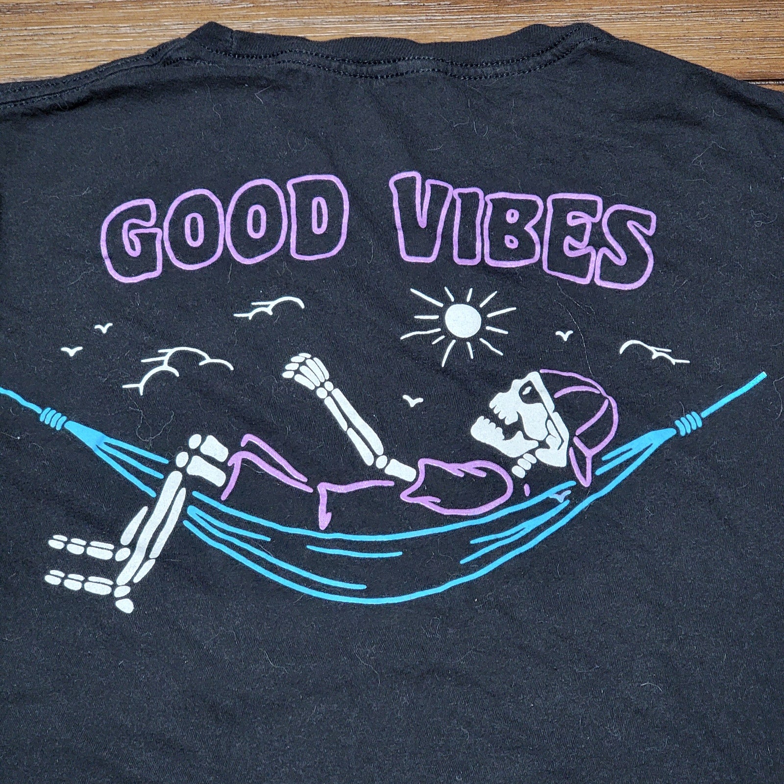 Call Your Mother Black Unisex Tee "Good Vibes" Skeleton Hammock - Size Med