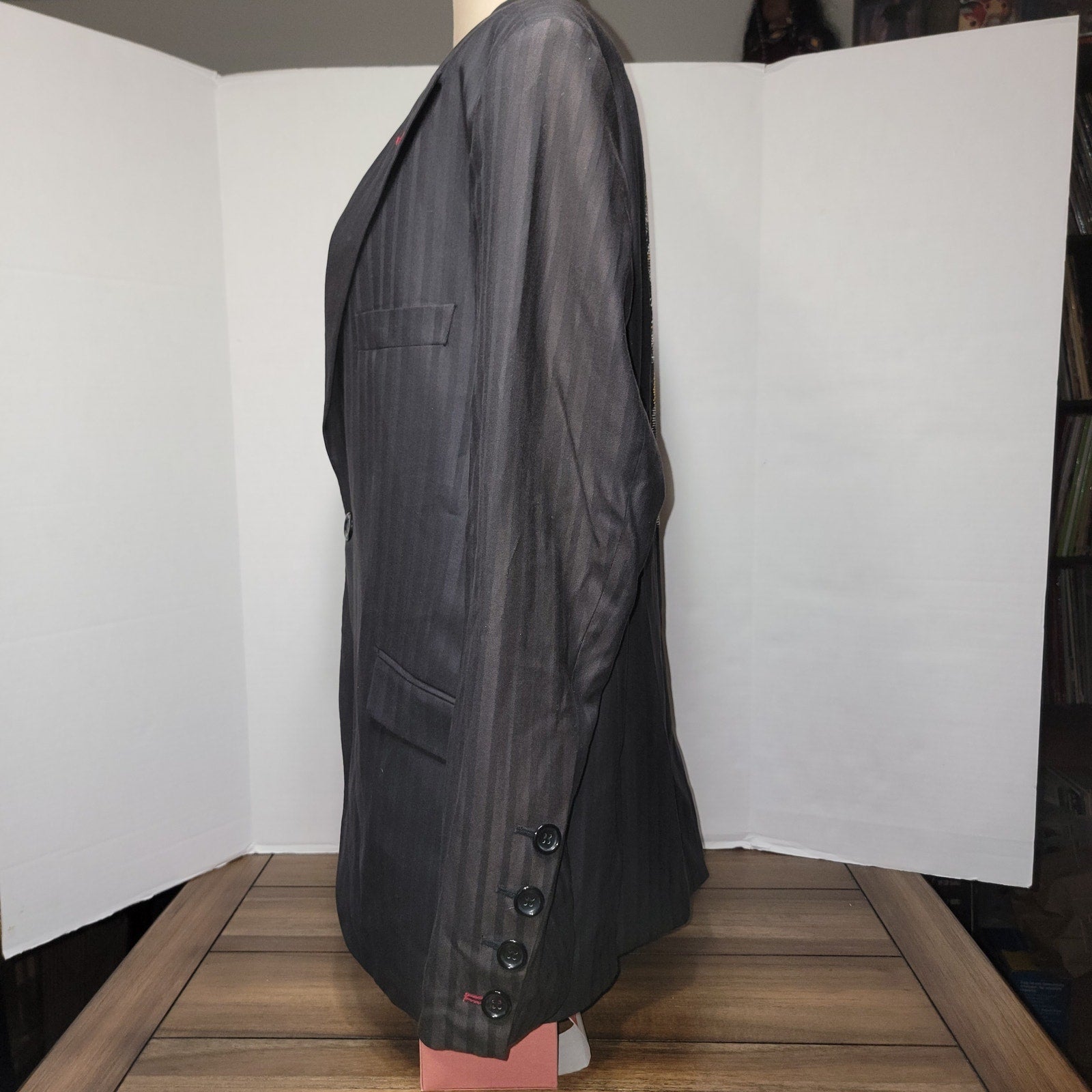 Artine Black Pinstripe 1-Button Suit Blazer w/ Bling Skull on Back - Size XL
