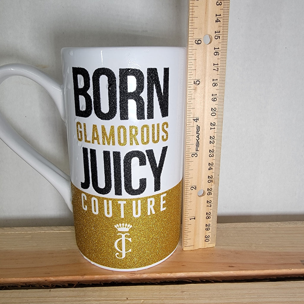 Juicy Couture Tall White Ceramic Mug w/ Gold Glitter "Born Glamorous"
