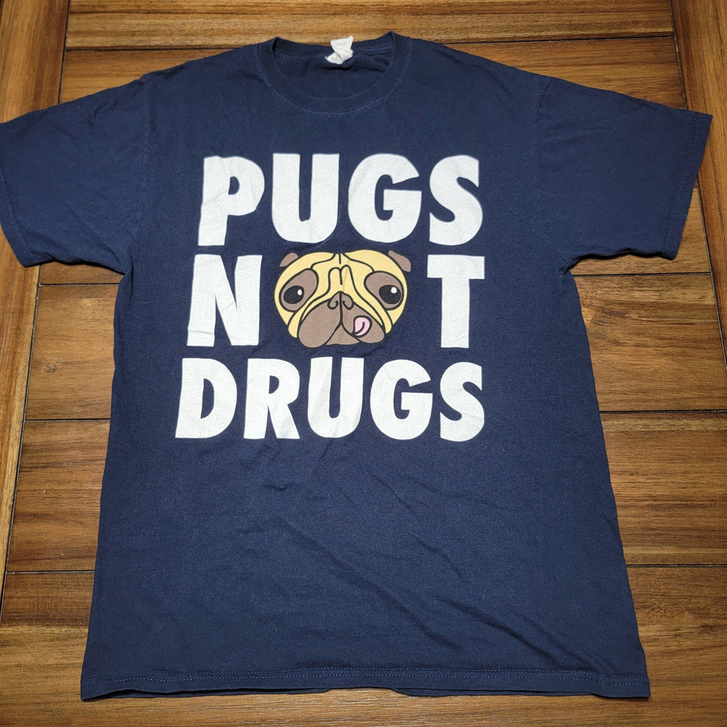 Pugs Unisex Dk Blue Tee "Pugs Not Drugs" - Size Medium