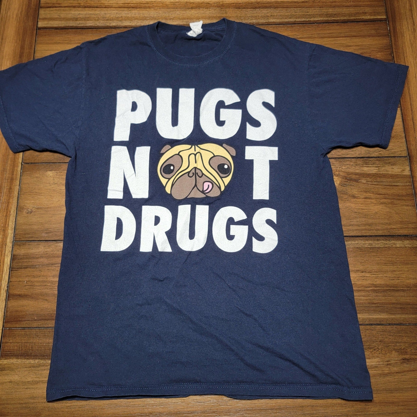 Pugs Unisex Dk Blue Tee "Pugs Not Drugs" - Size Medium