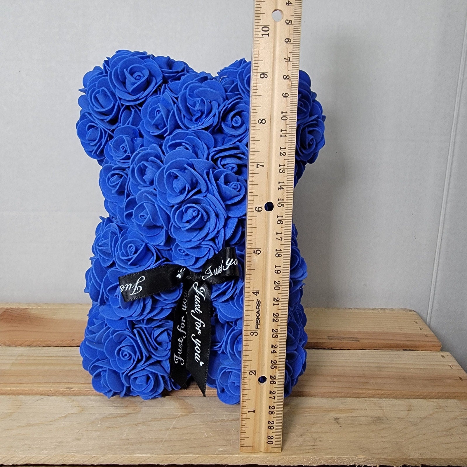 Dark Blue Foam Rose Teddy Bear w/ "Just For You" Ribbon