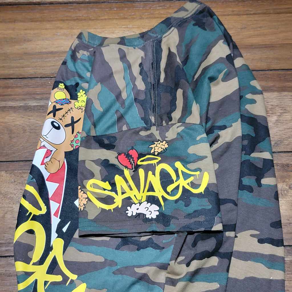 Fresh Laundry Green Camo Unisex Tee "Savage" Bear Shark Mouth - Size Large