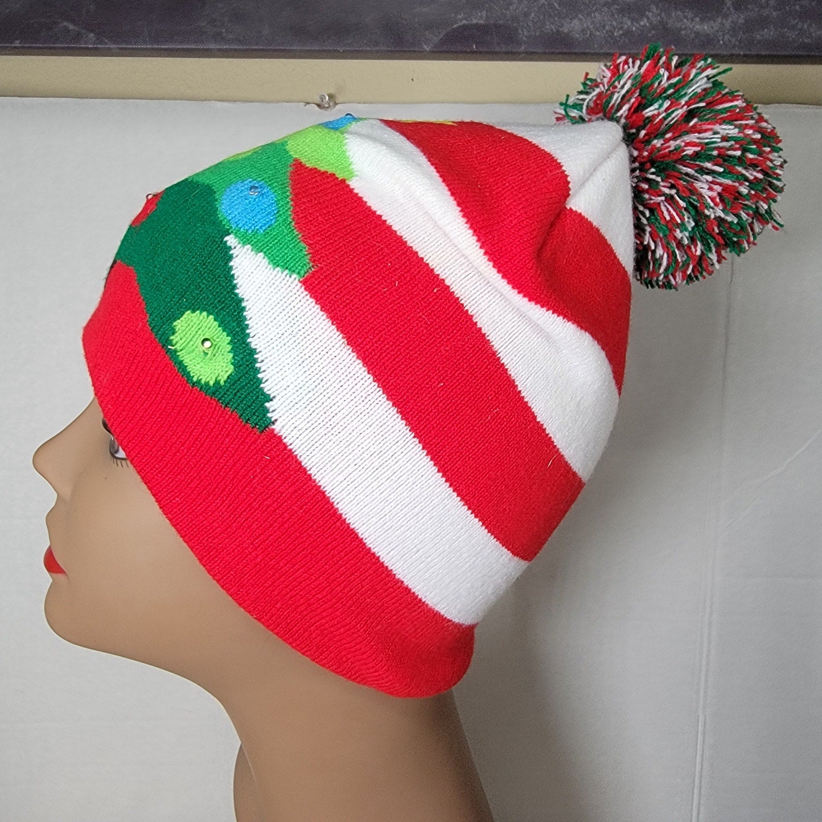 Red & White Stripe Christmas Knit Hat w/ Lights & Pom