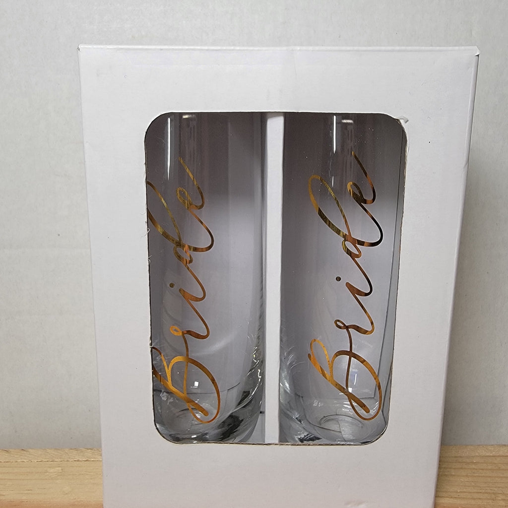 Unbranded Stemless Bride & Bride Champagne Flutes in Gold Script w/ Box - NEW