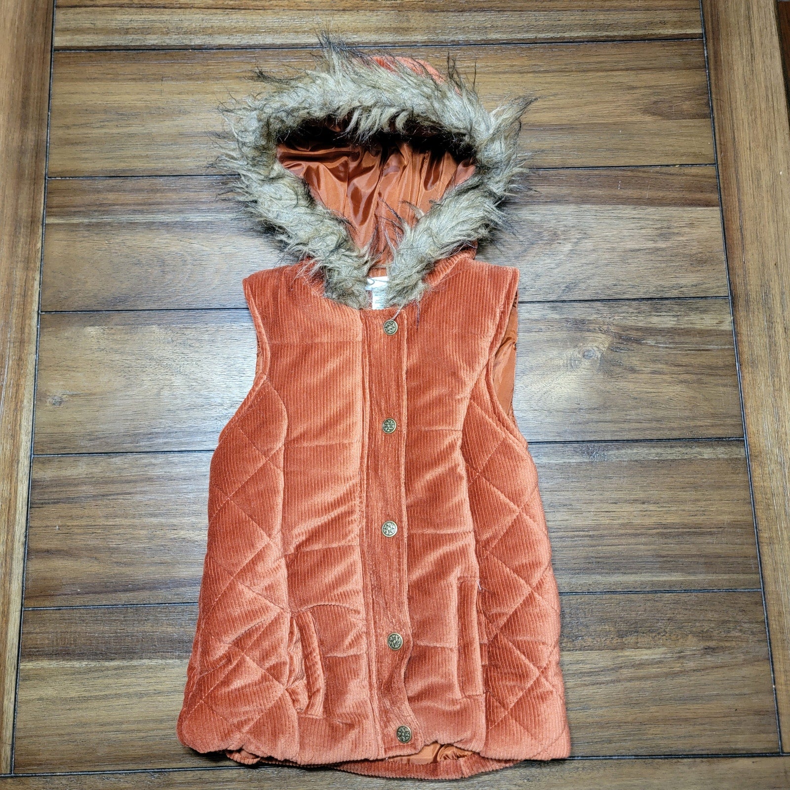 Nicole Miller Corduroy Full Zip / Snap Puffer Vest w/ Faux Fur Lined Hood - 6
