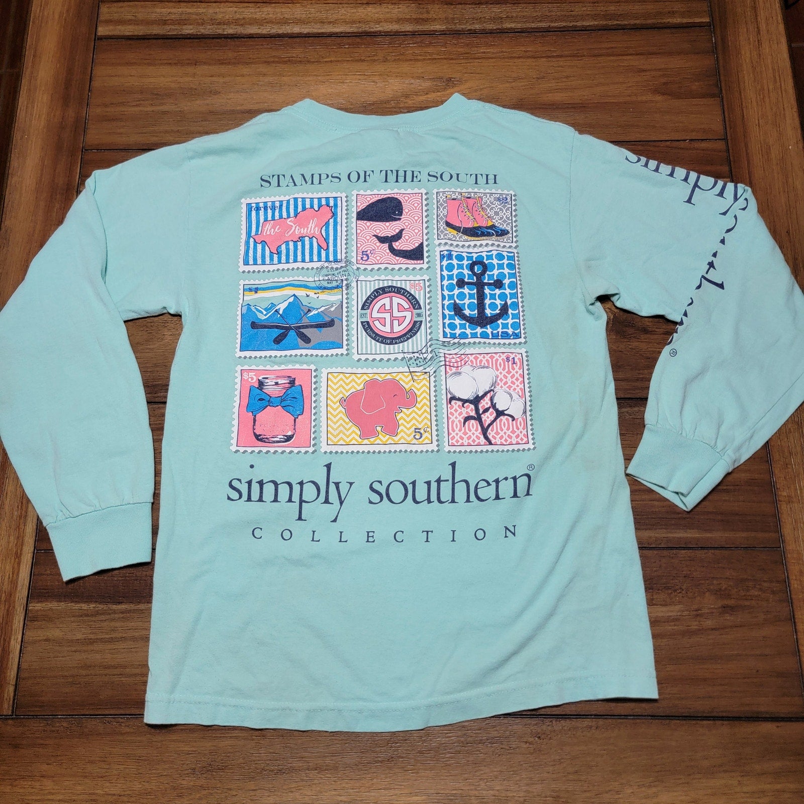 Simply Southern LS Teal Tee "Stamps Of The South" - Size Small