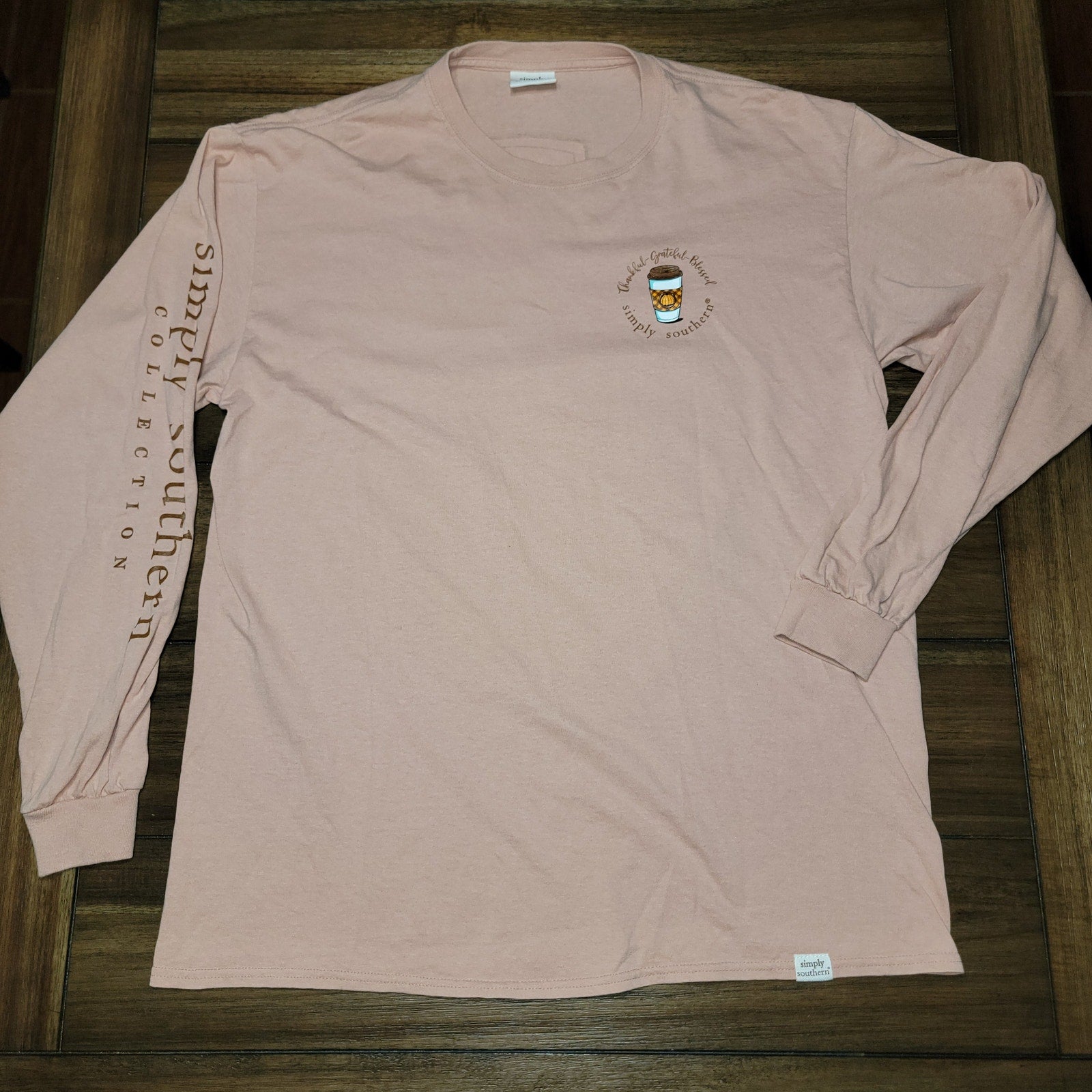 Simply Southern LS Peach Tee "Thankful-Grateful-Blessed" - Size Large