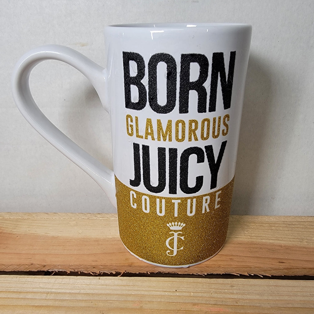Juicy Couture Tall White Ceramic Mug w/ Gold Glitter "Born Glamorous"