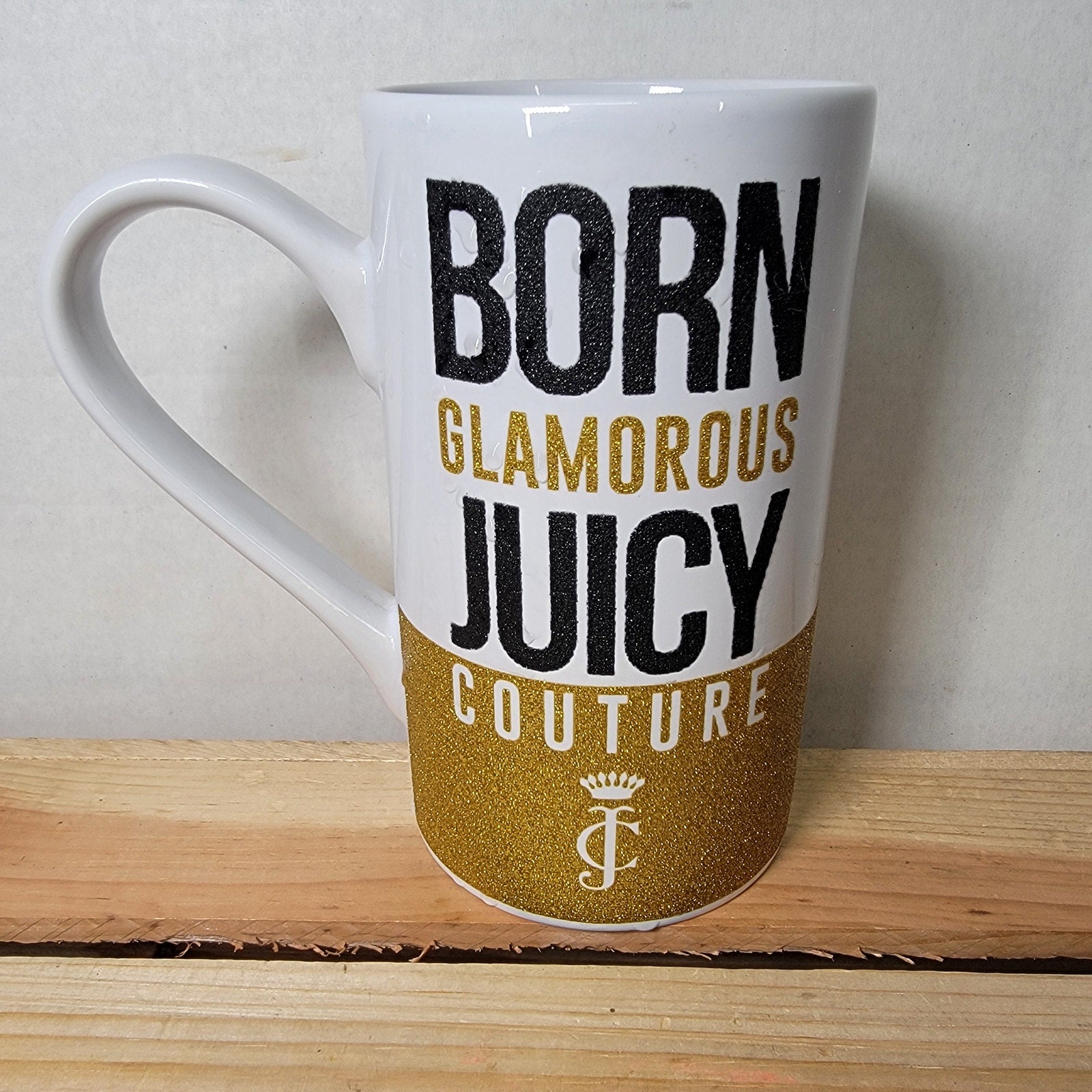 Juicy Couture Tall White Ceramic Mug w/ Gold Glitter "Born Glamorous"