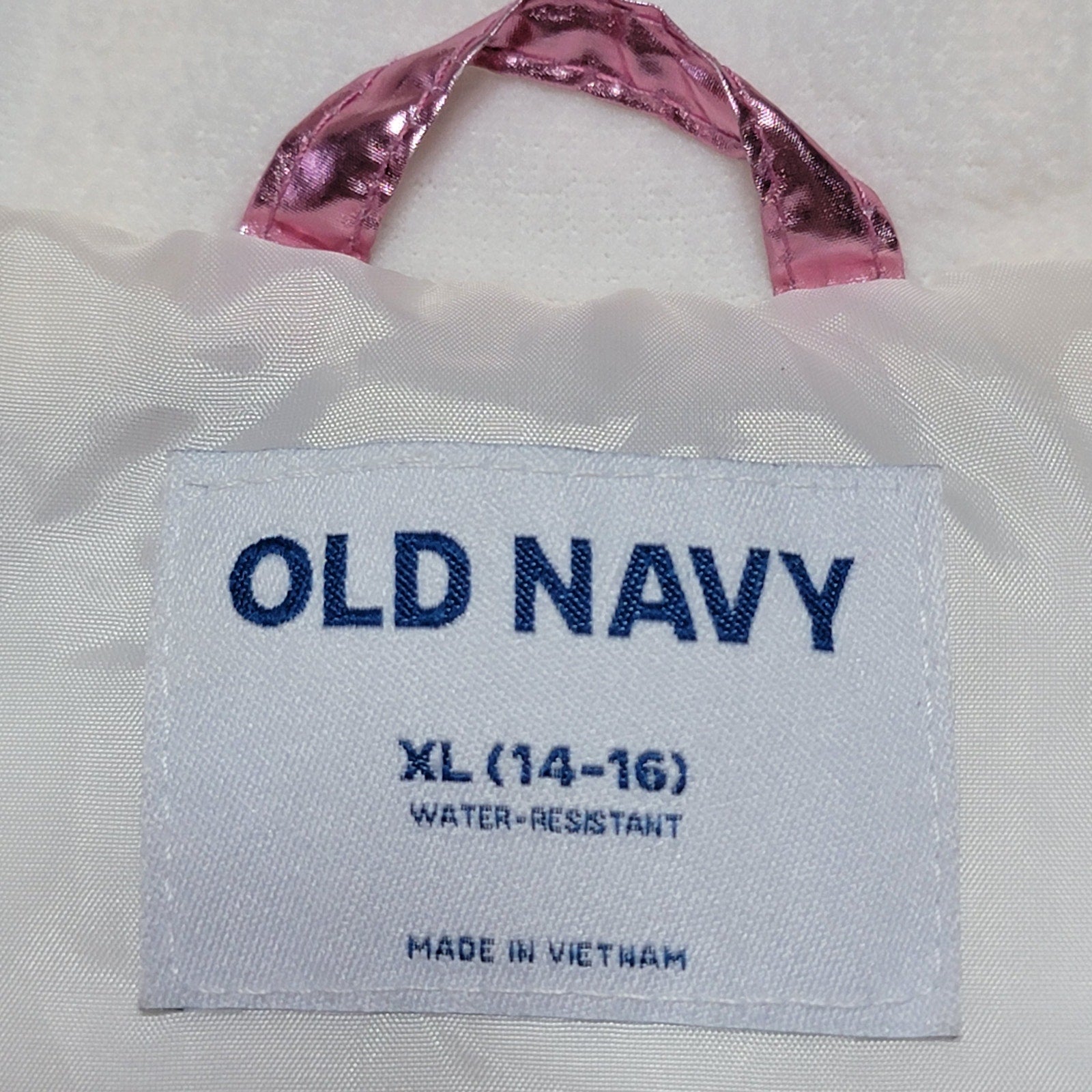 Old Navy Girls Full Zip Hooded Silver / Pink Shimmer Puffer Coat - XL (14-16)