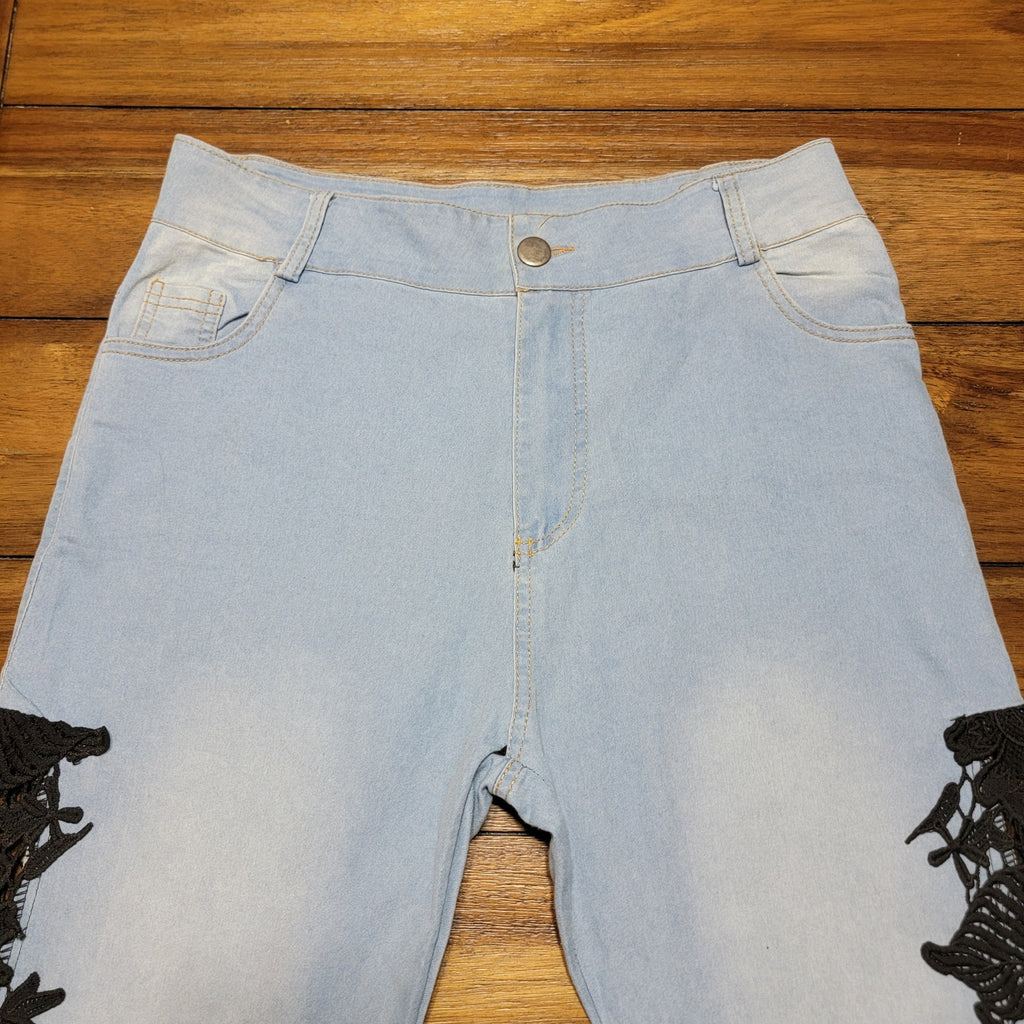 Thin Blue Denim Jeans w/ Black See-Through Lace on Side Legs - Size XL