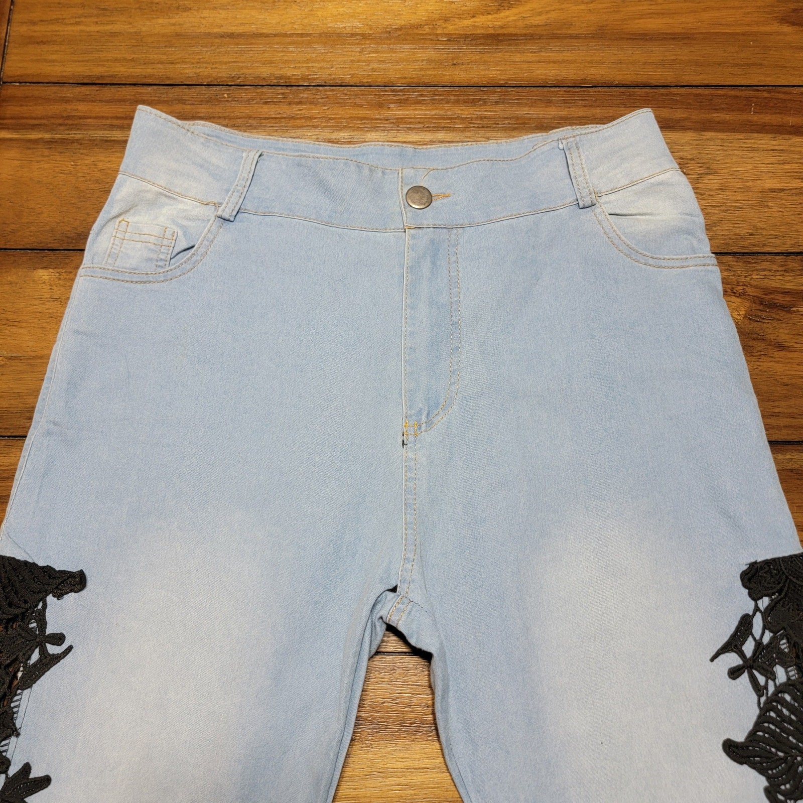 Thin Blue Denim Jeans w/ Black See-Through Lace on Side Legs - Size XL