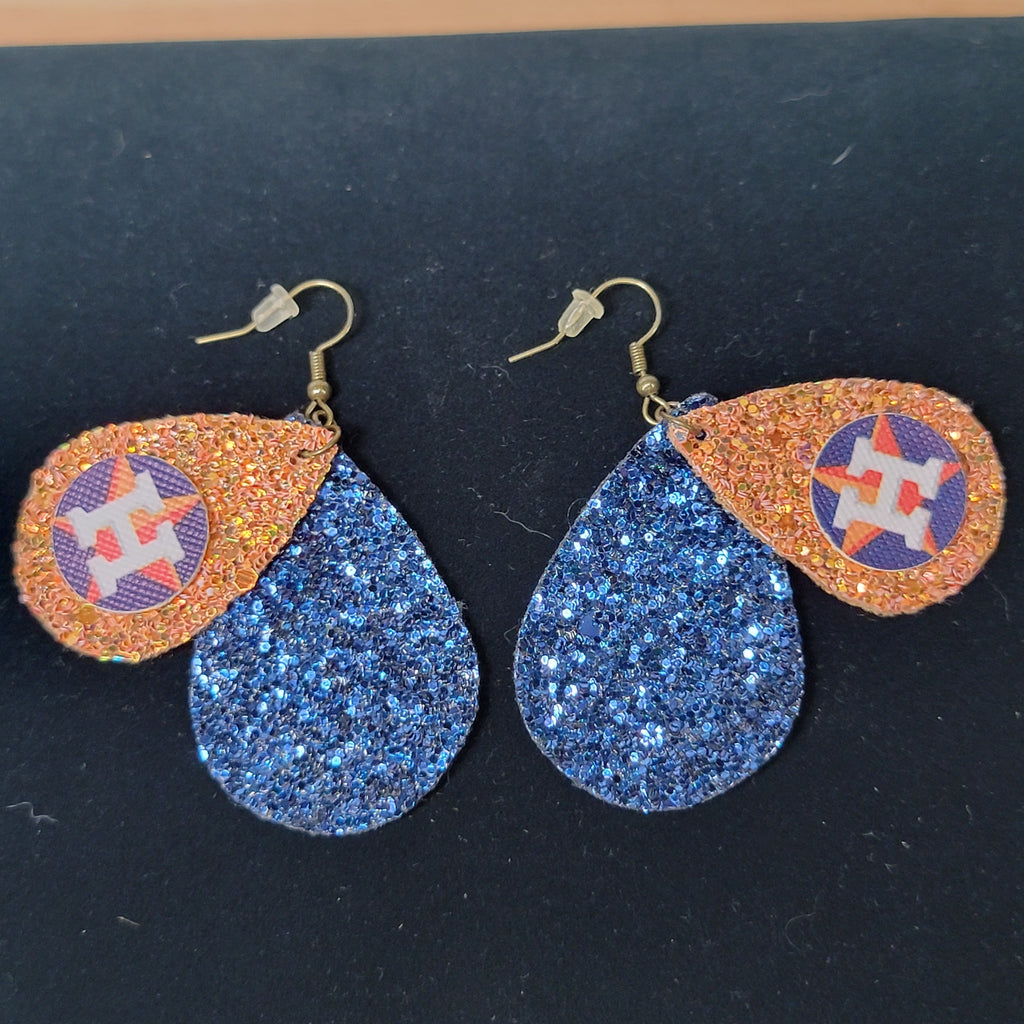 Houston Astros Orange and Blue Tear Drop Glitter Hook Earrings