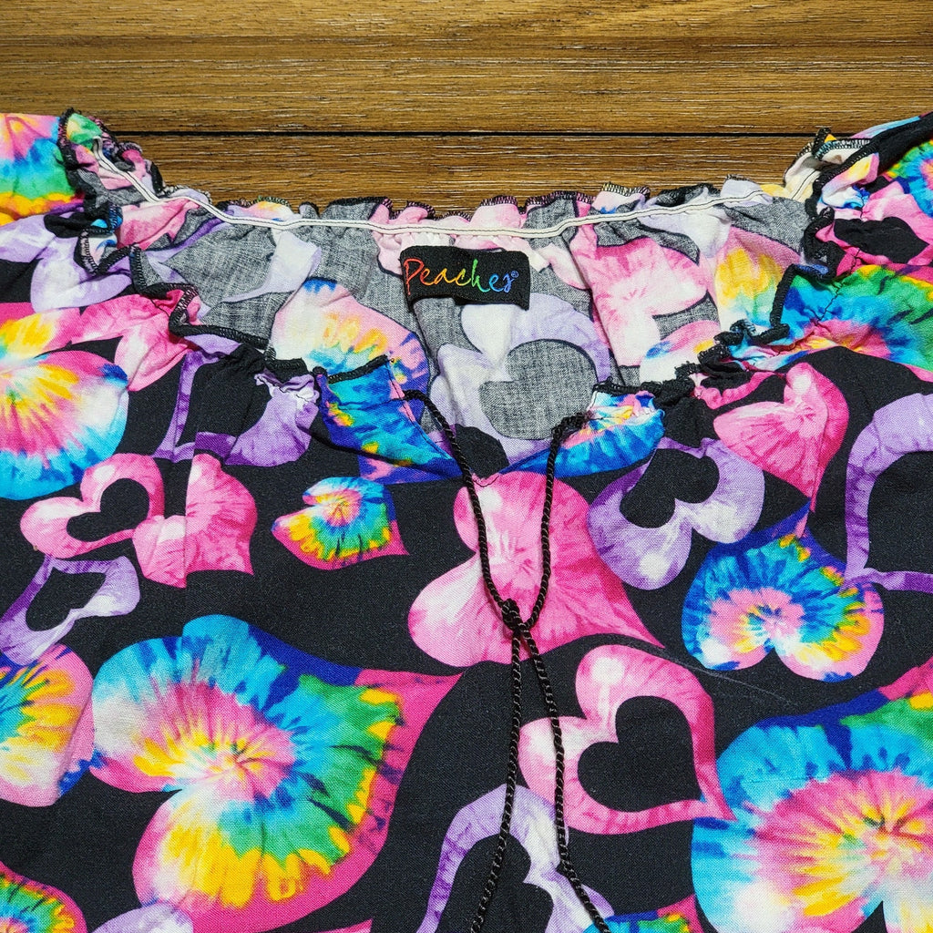 Peaches Psychedelic Hearts Scrub Blouse w/ Tie Neck - Size XS