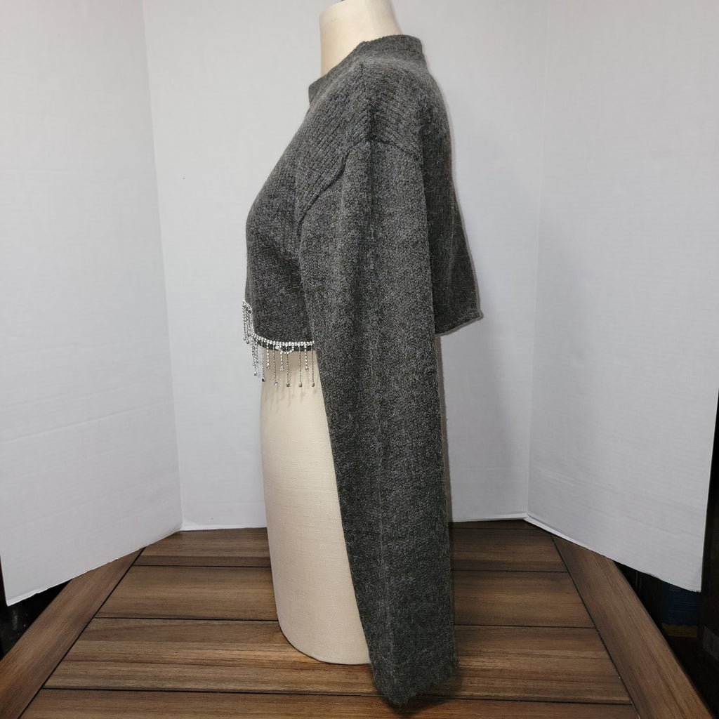 Zara LS Dark Grey Crop Sweater w/ Faux Diamond Hem - Size Medium