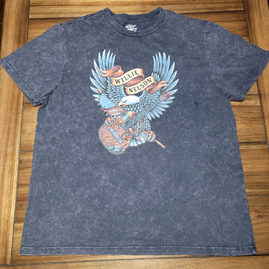 Willie Nelson Faded Black Unisex Tee Eagle & Guitar - Size Large