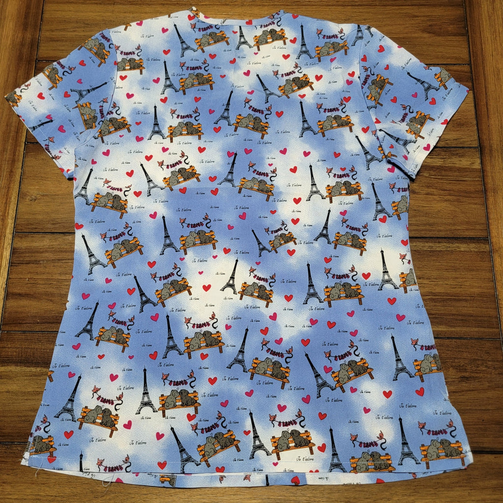 GT Performance Blue & White Paris Themed Scrub Top Love Dogs - Size Medium