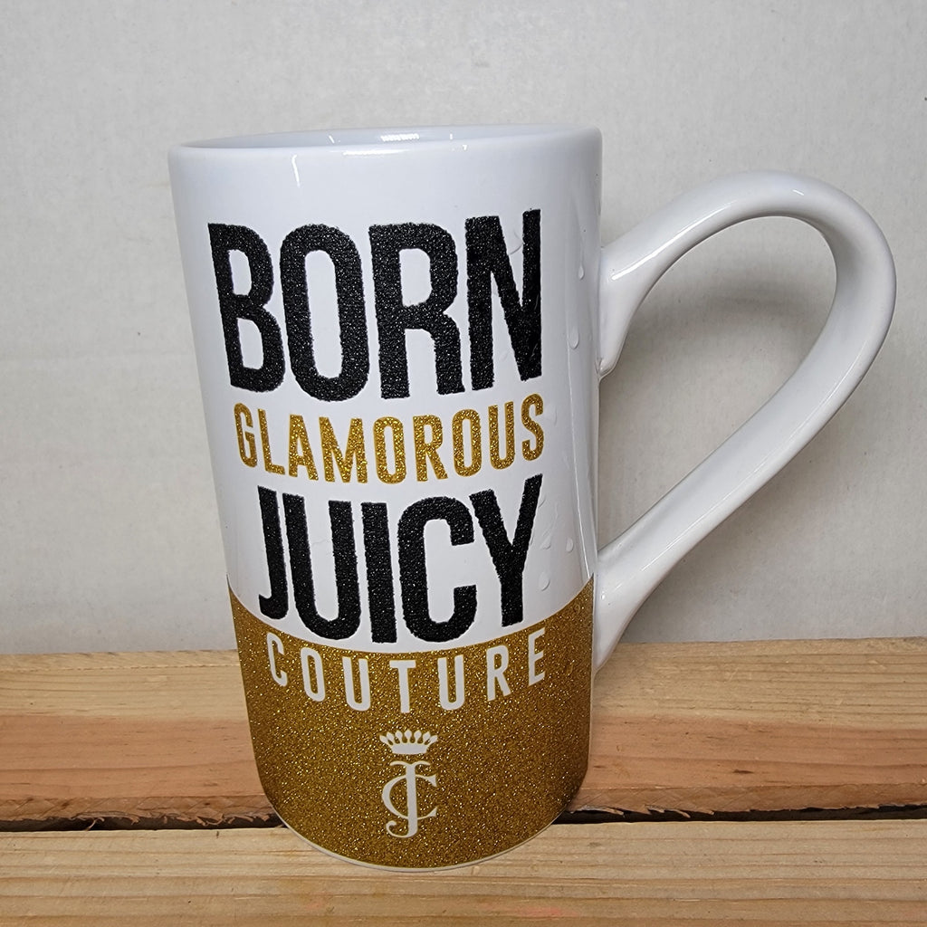 Juicy Couture Tall White Ceramic Mug w/ Gold Glitter "Born Glamorous"