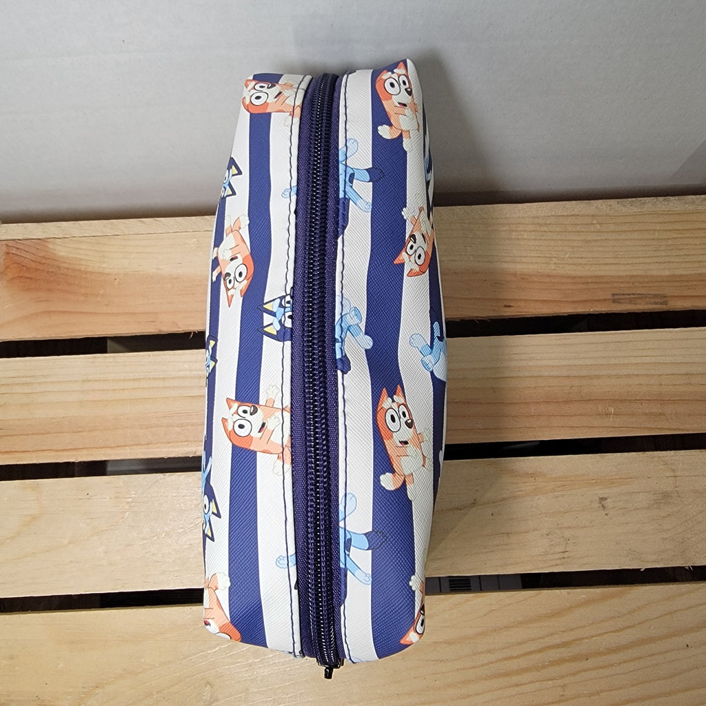 Bluey Blue & White Stripe Cosmetic Bag w/ All Over Characters & Zipper Closure