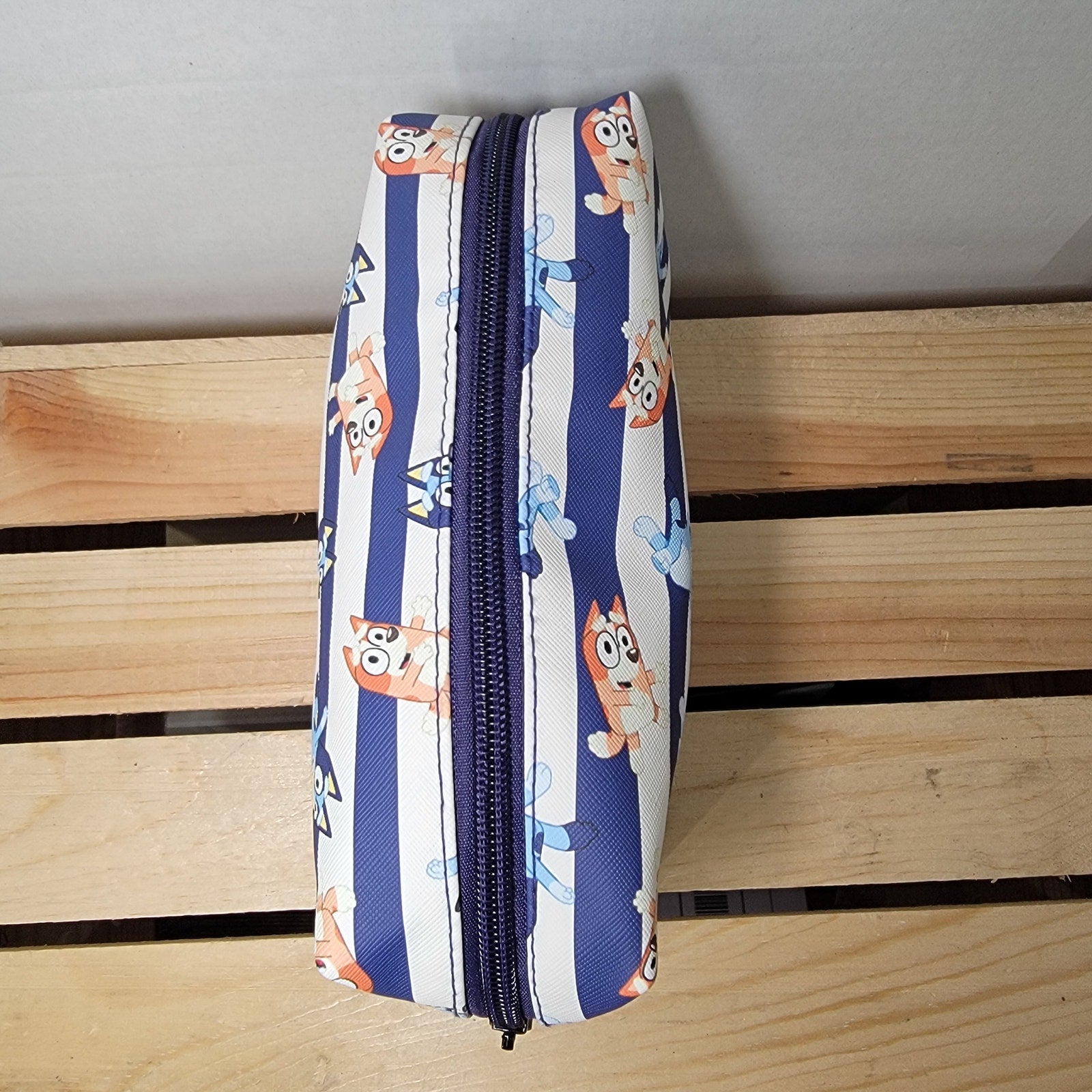 Bluey Blue & White Stripe Cosmetic Bag w/ All Over Characters & Zipper Closure