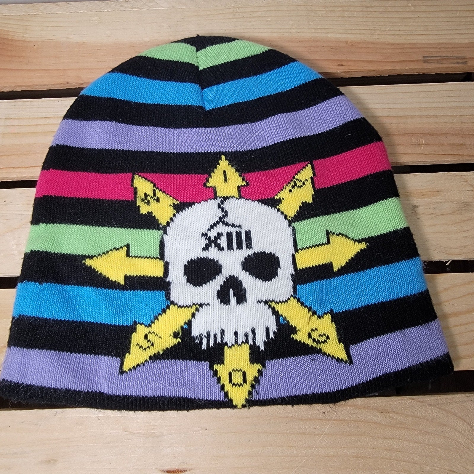 Multi-Color Stripe Knit Beanie w/ XIII Skull and Chaos Star Symbol