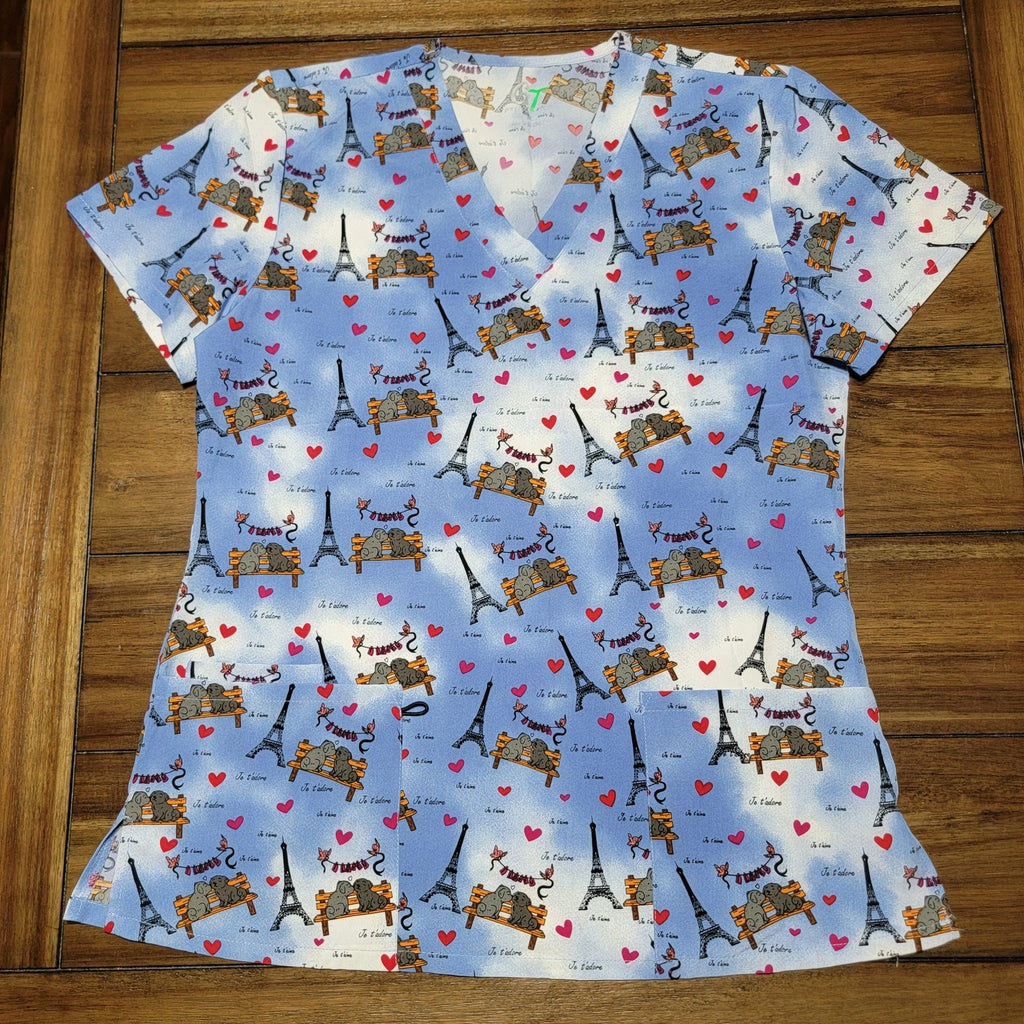 GT Performance Blue & White Paris Themed Scrub Top Love Dogs - Size Medium