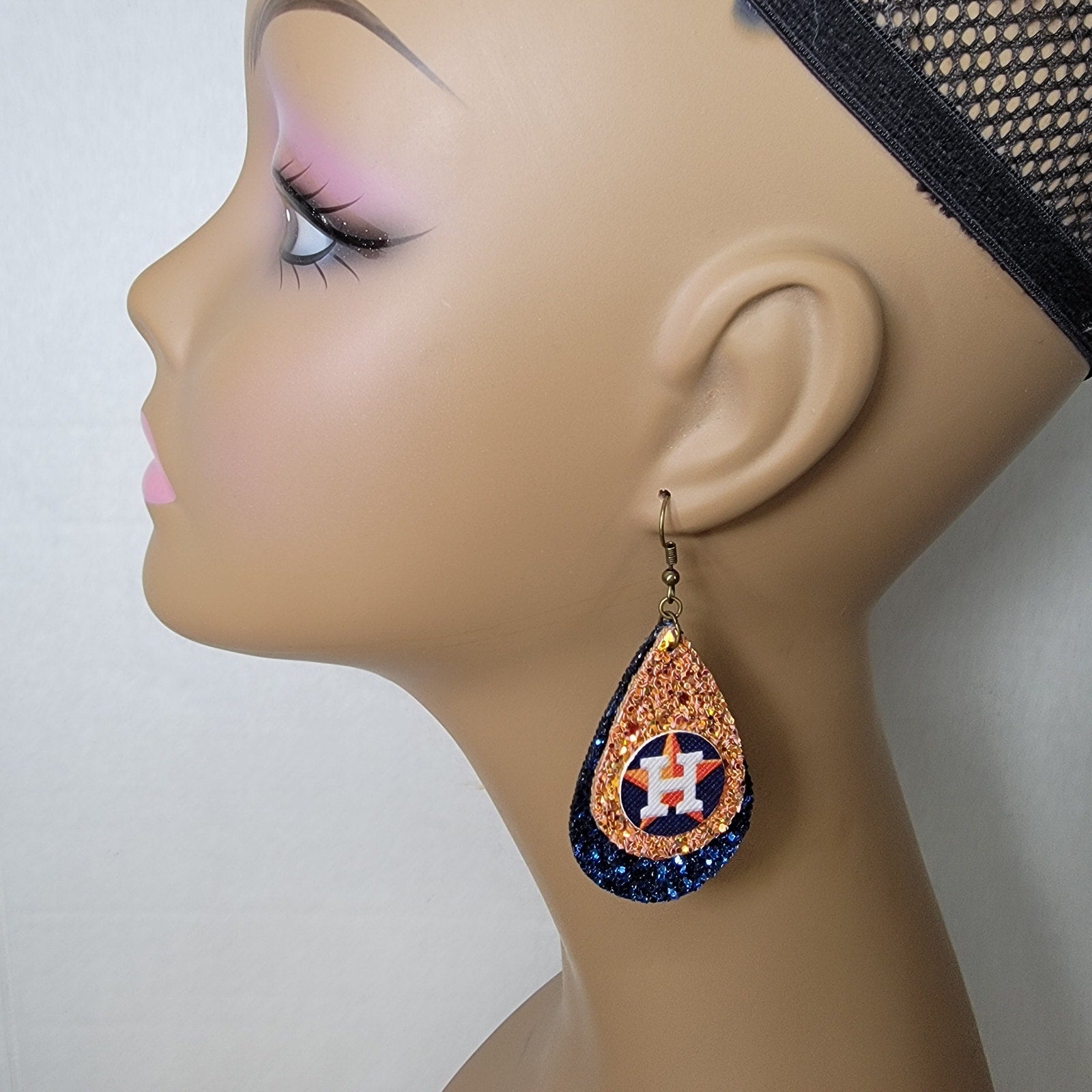 Houston Astros Orange and Blue Tear Drop Glitter Hook Earrings