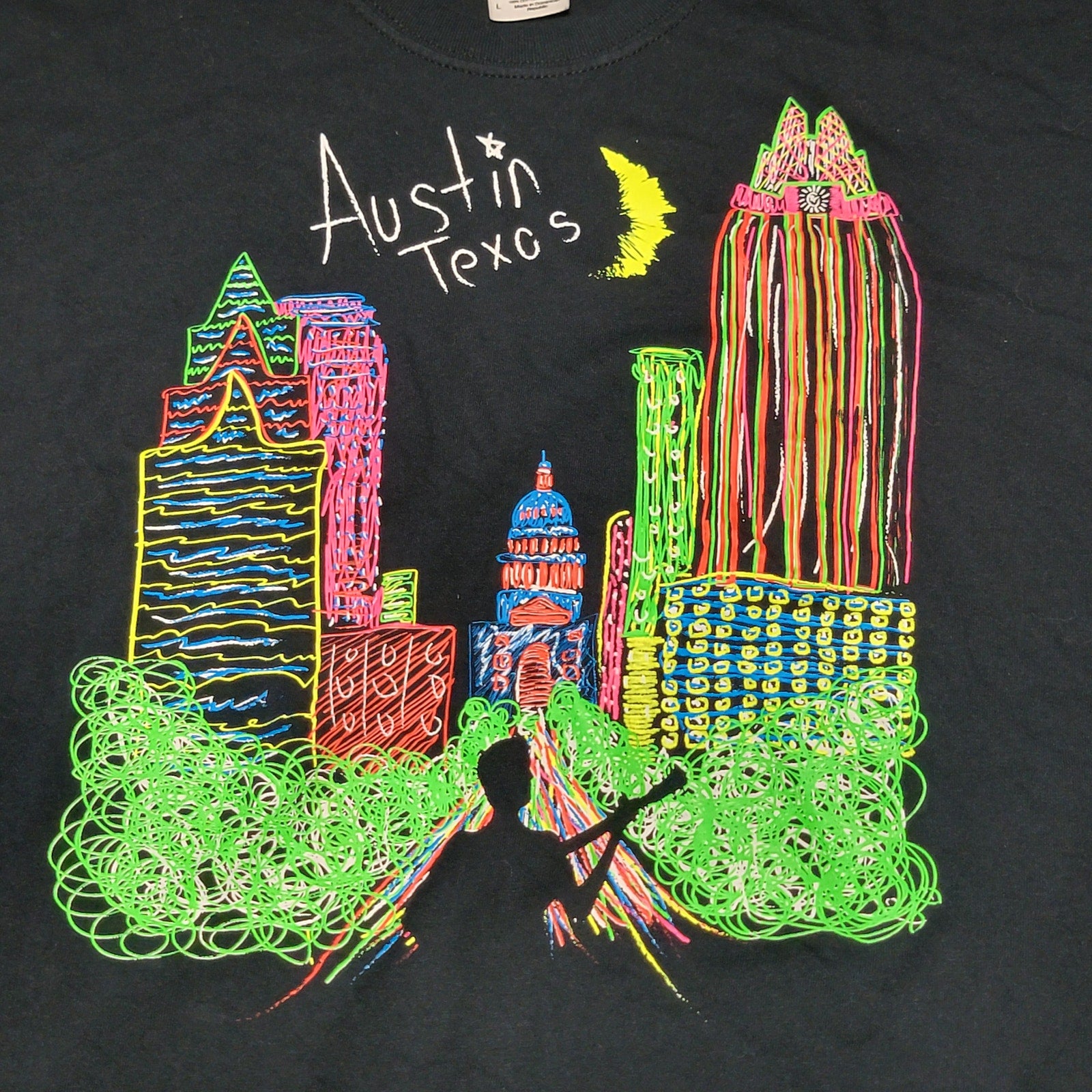 Austin Texas Black Unisex Tee (Gildan) Blacklight Design - Size Large