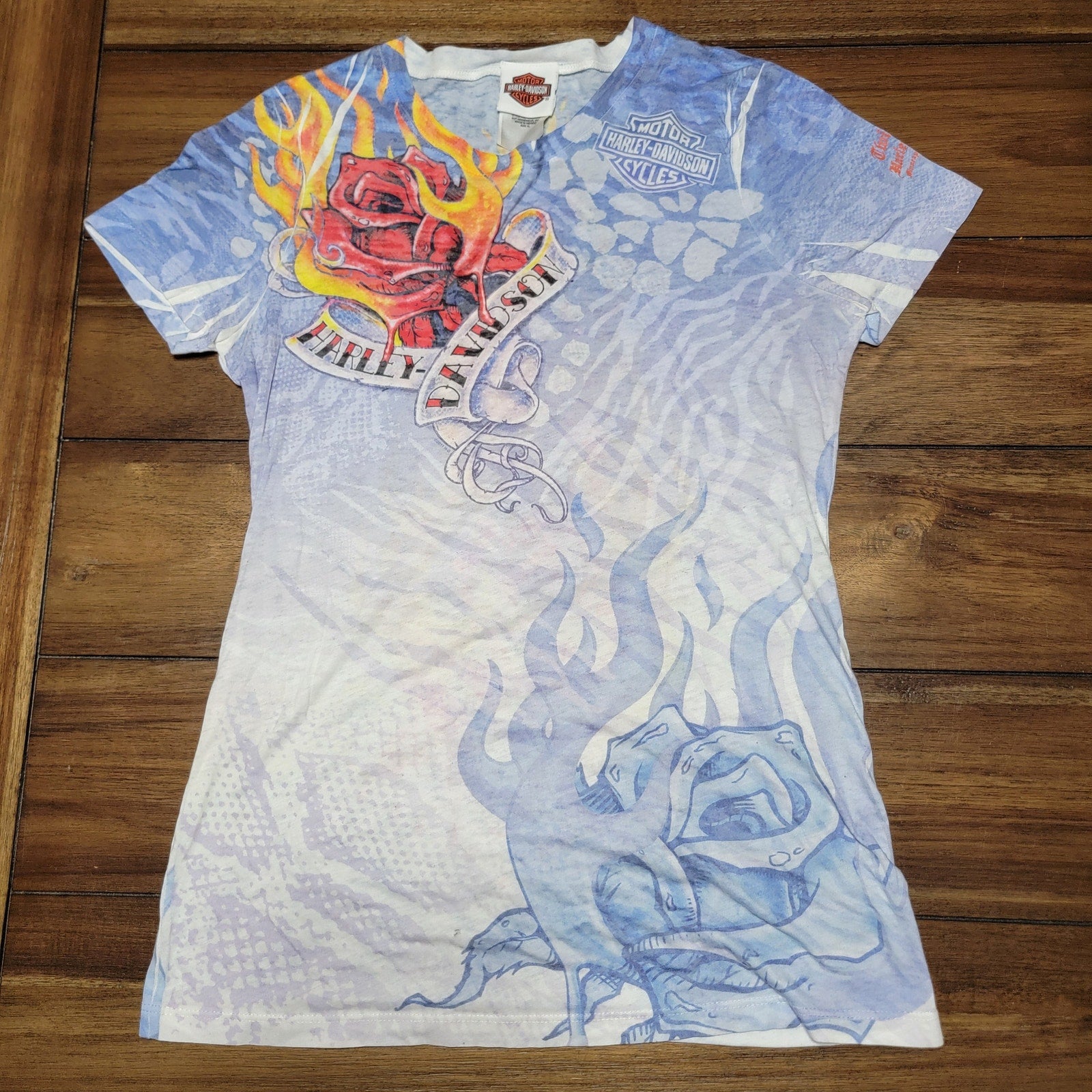 Harley-Davidson Lt. Blue Blouse Flame Roses - Size Junior XL
