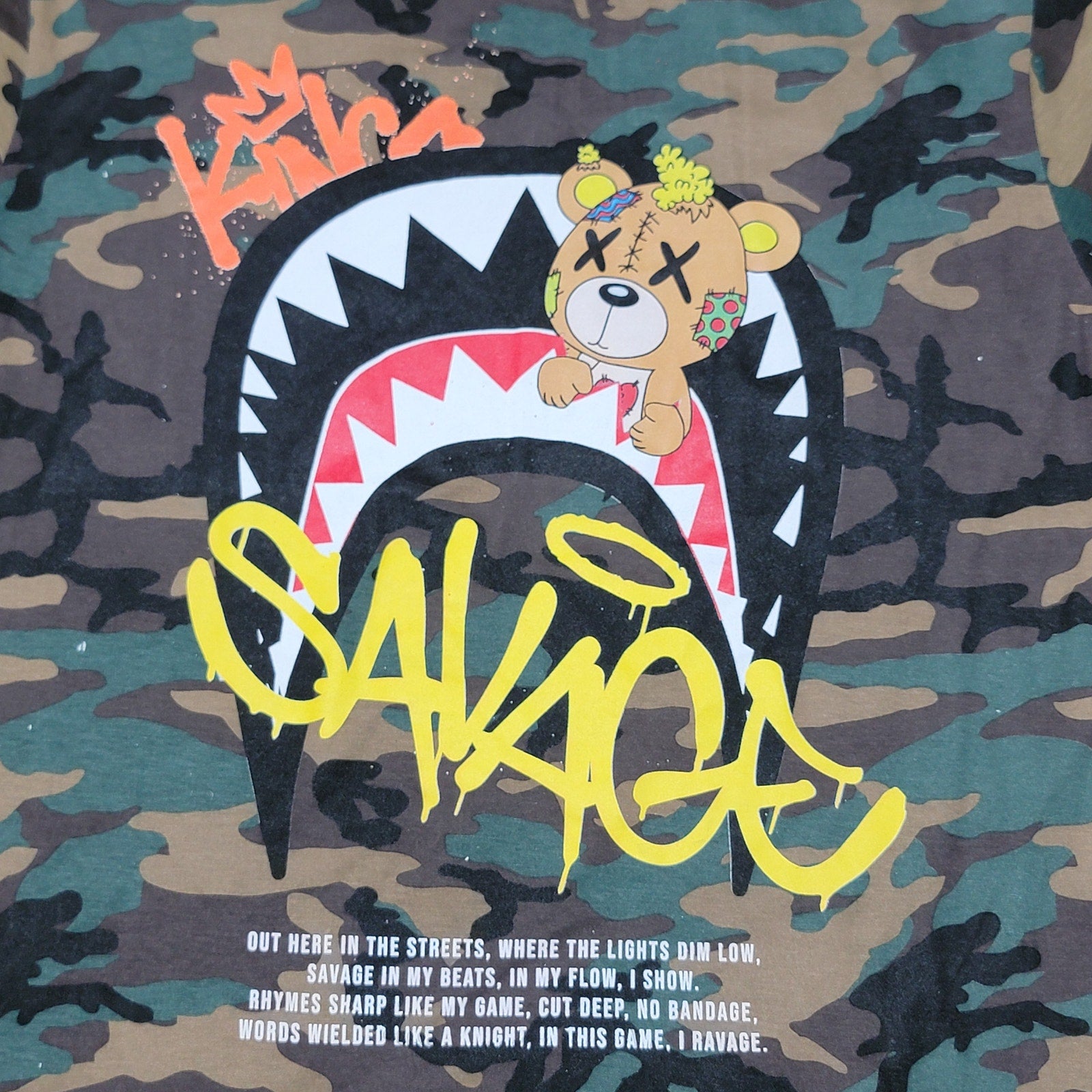 Fresh Laundry Green Camo Unisex Tee "Savage" Bear Shark Mouth - Size Large