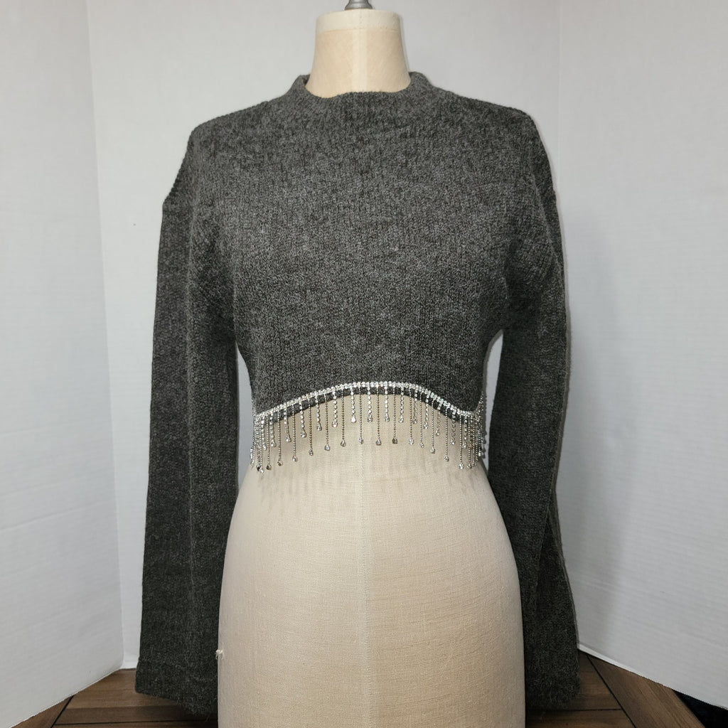 Zara LS Dark Grey Crop Sweater w/ Faux Diamond Hem - Size Medium