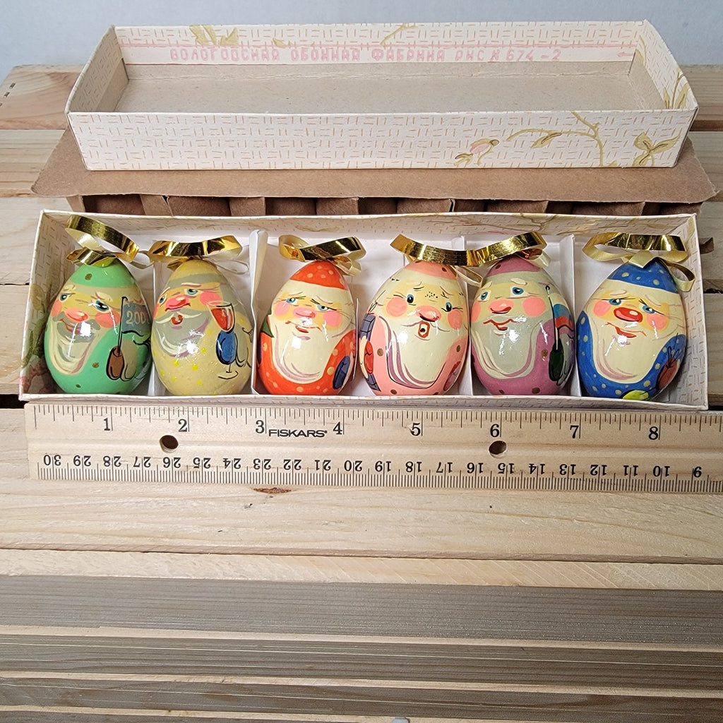 VINTAGE Set of 6 Russian Hand Painted Wooden Christmas Ornaments w/ Box (2000)