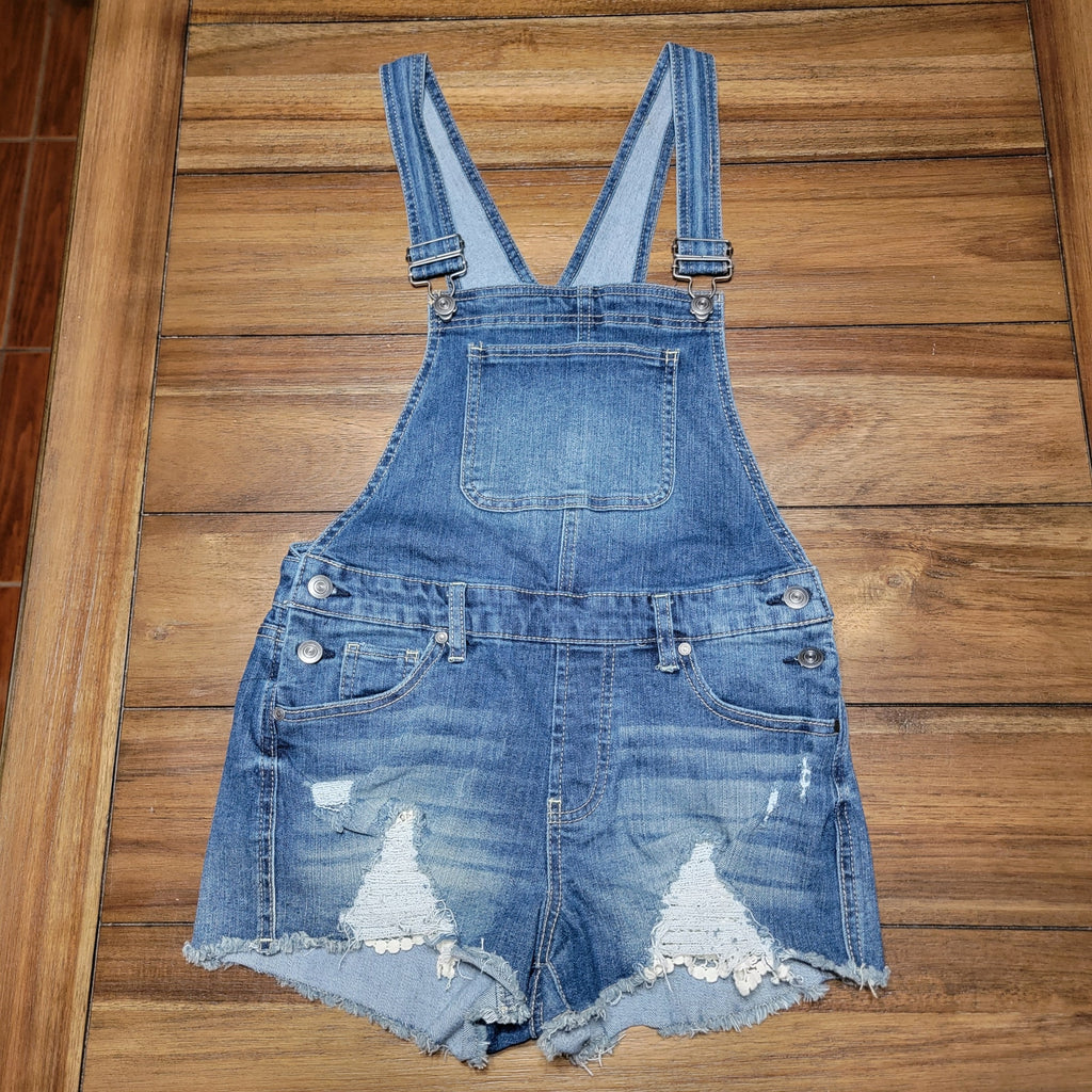 No Boundaries Girls Dark Wash Shortalls - Size Junior Medium (7-9)