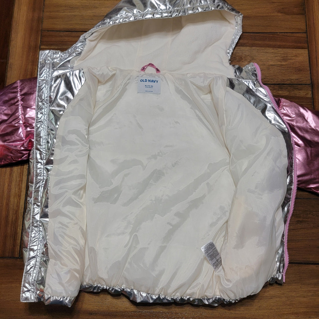 Old Navy Girls Full Zip Hooded Silver / Pink Shimmer Puffer Coat - XL (14-16)