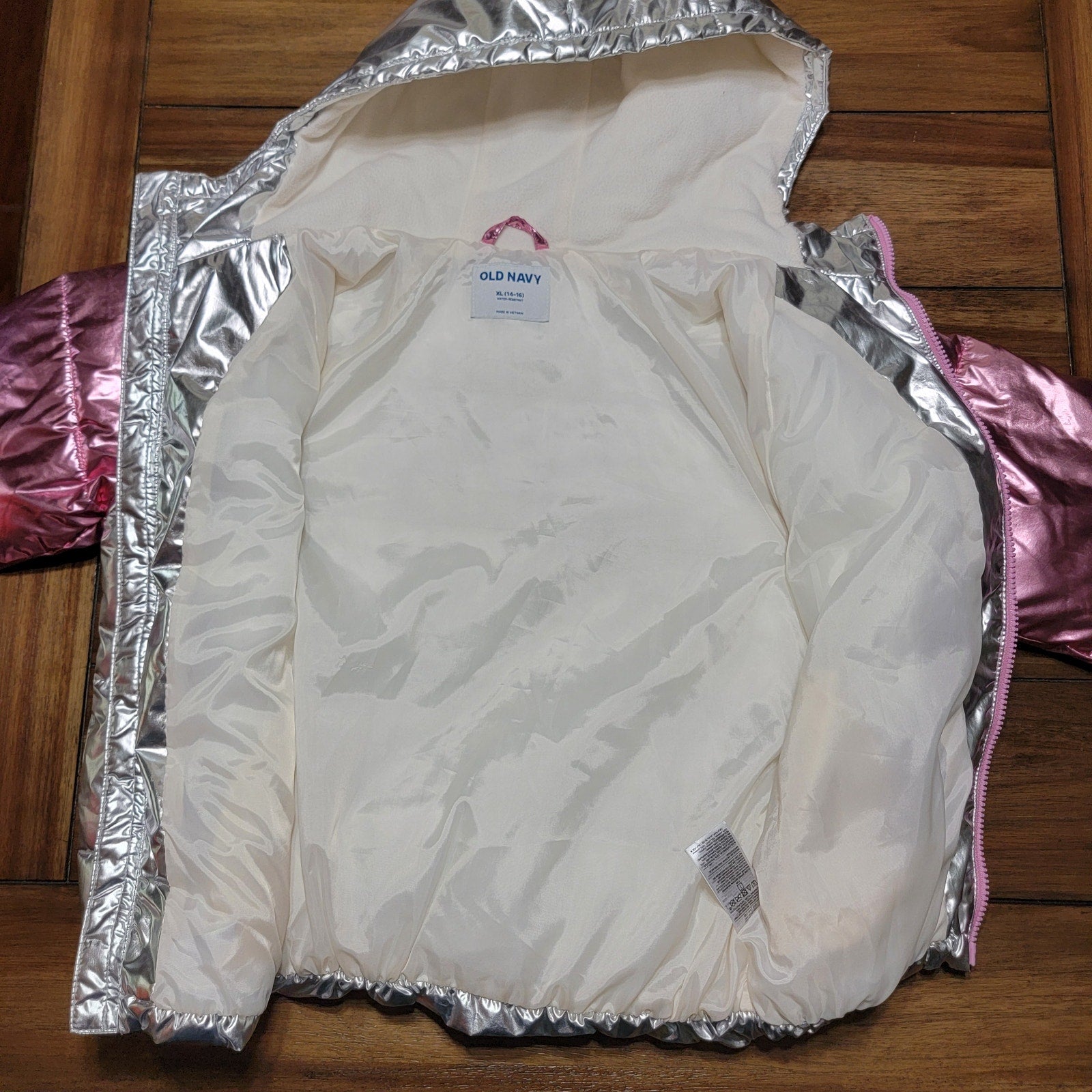 Old Navy Girls Full Zip Hooded Silver / Pink Shimmer Puffer Coat - XL (14-16)