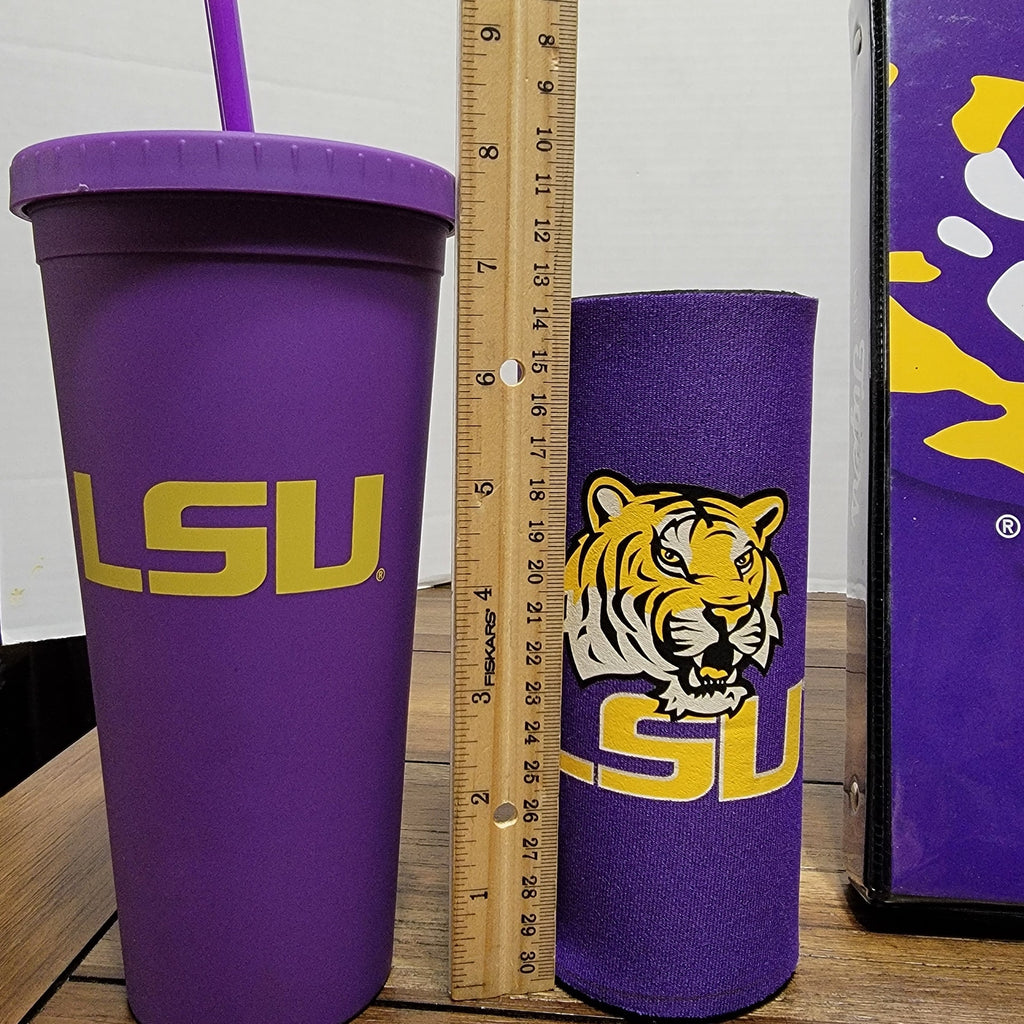 4Pc LSU Tigers Fan Pack: Binder, Plush, Tumbler & Tall Koozie