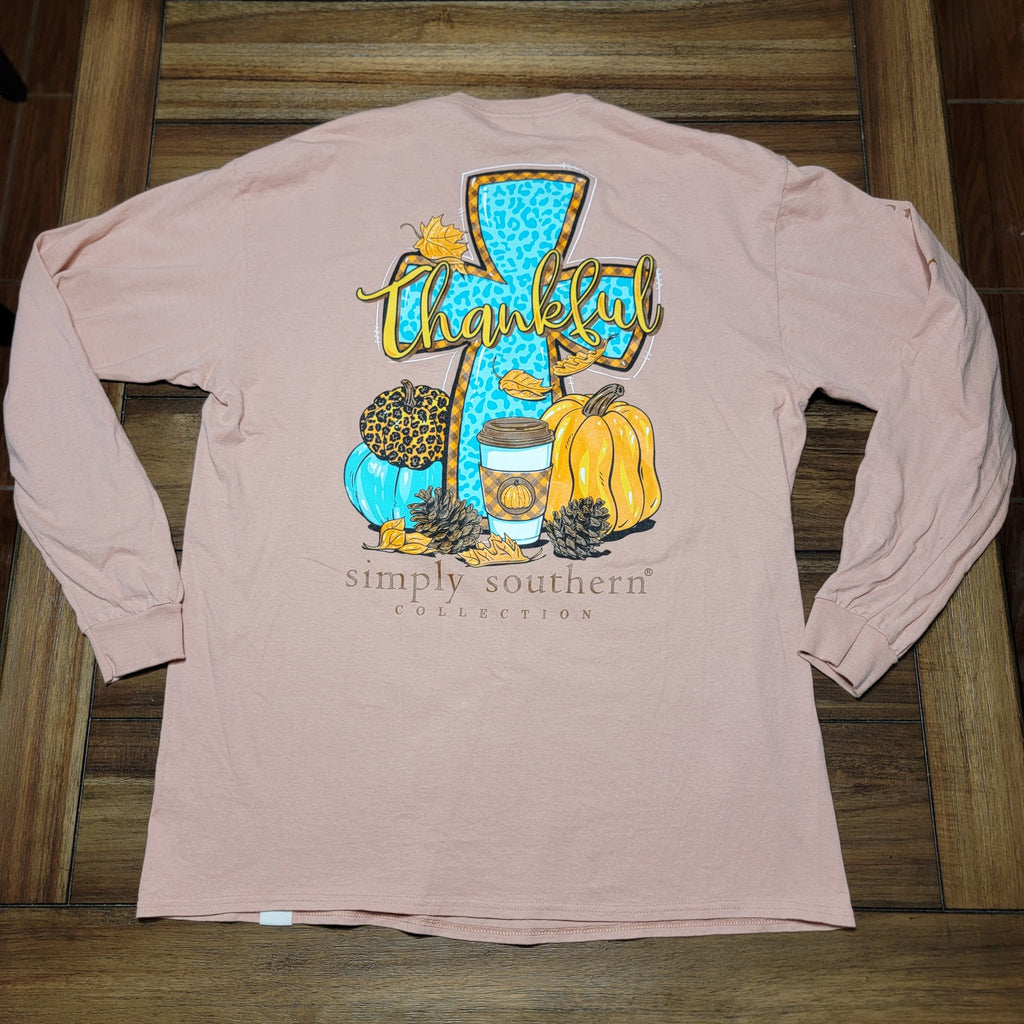Simply Southern LS Peach Tee "Thankful-Grateful-Blessed" - Size Large