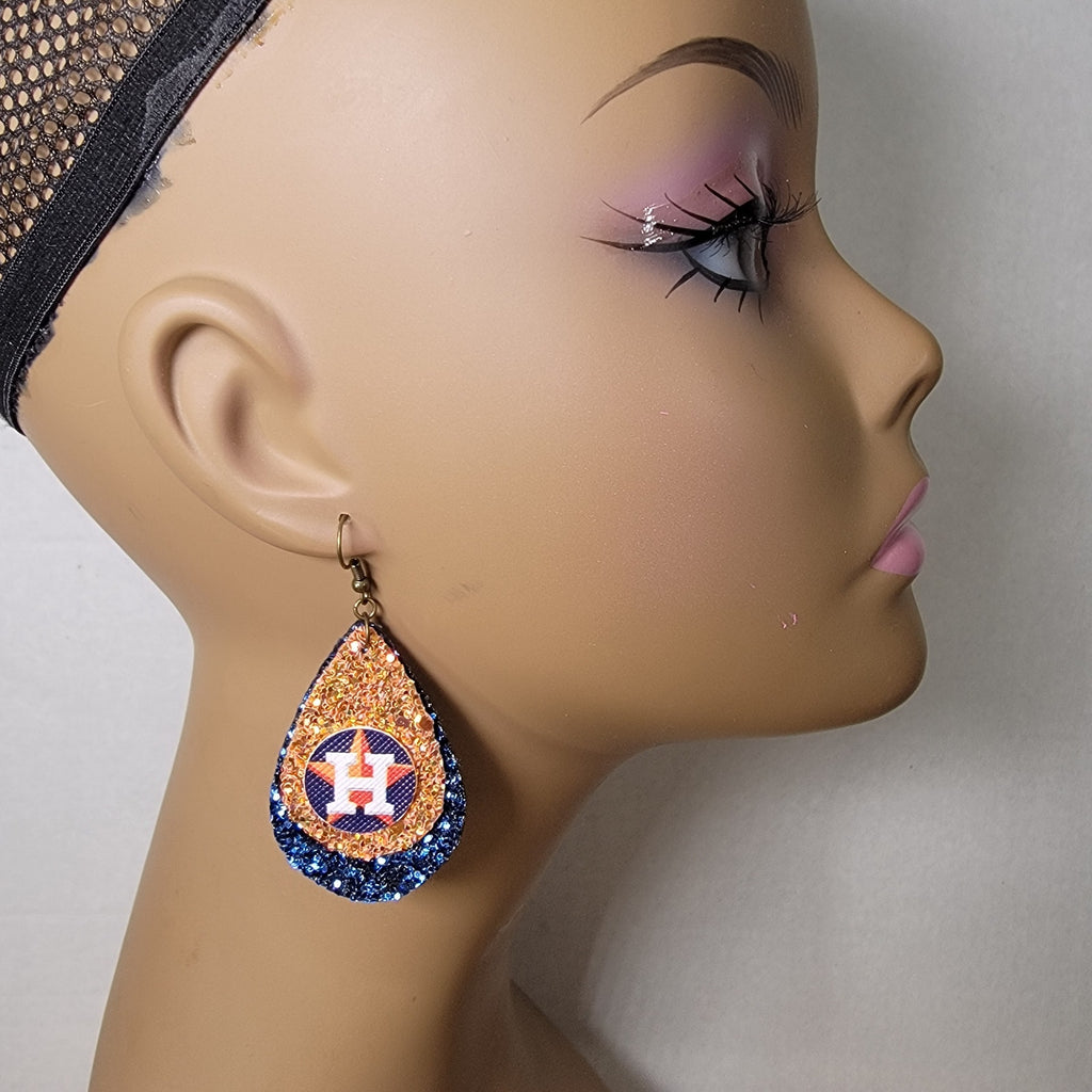 Houston Astros Orange and Blue Tear Drop Glitter Hook Earrings