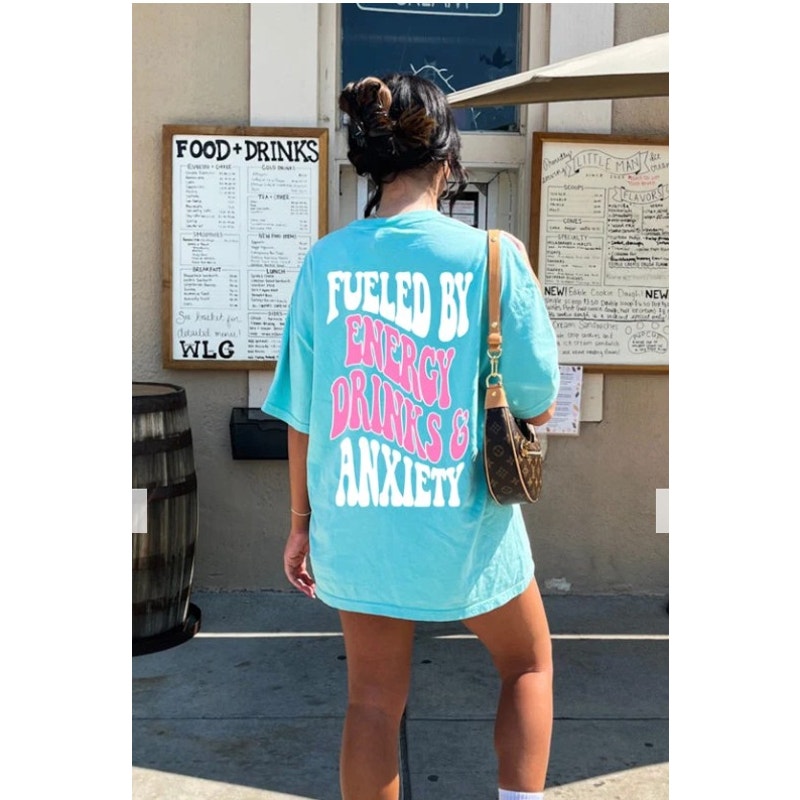 Blue Unisex Tee "Fueled By Energy Drinks And Anxiety" - Size 2XL